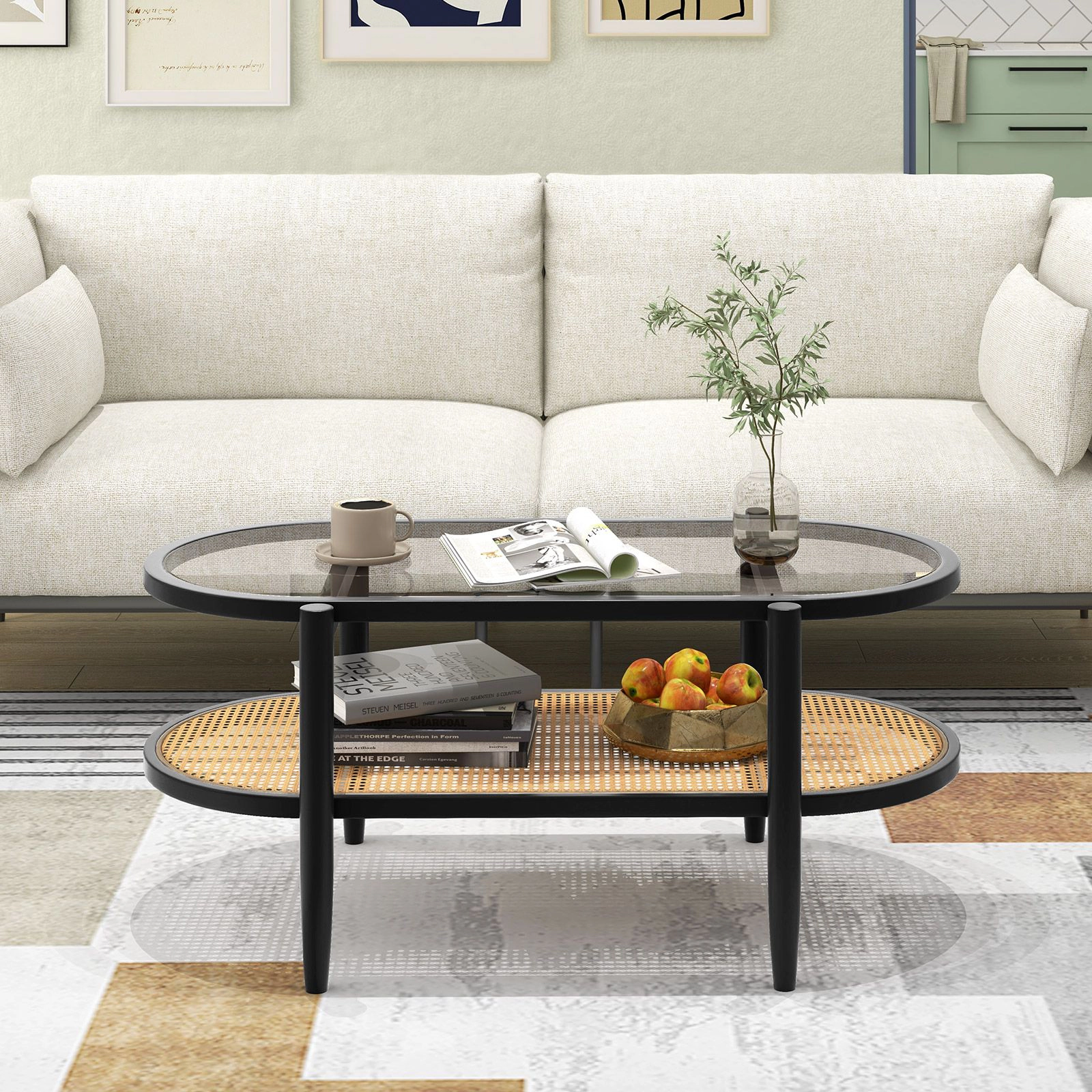 SlickBlue 2-Tier Coffee Table with Glass Top and Wood Frame