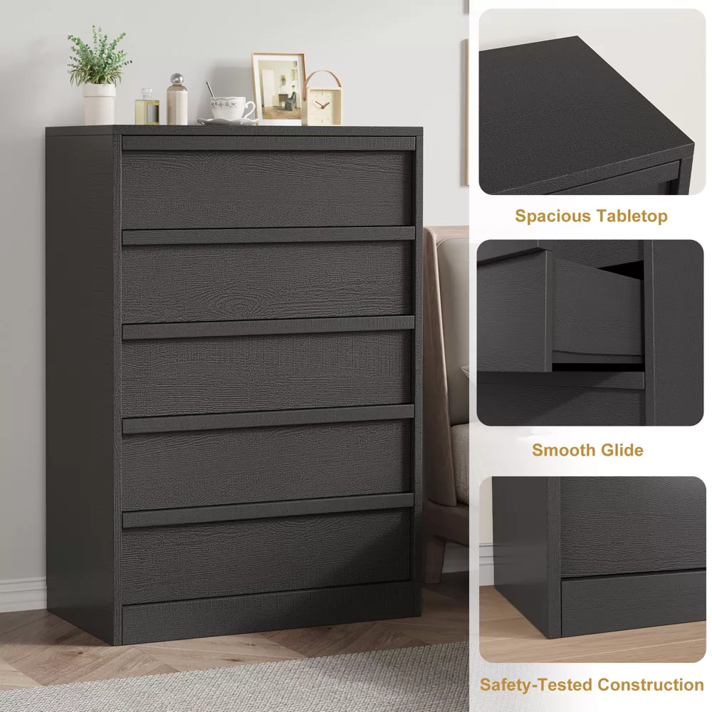 5 Drawer Modern Handleless Dresser, 43" Tall Wooden Storage Organizer for Bedroom Living Room Nursery