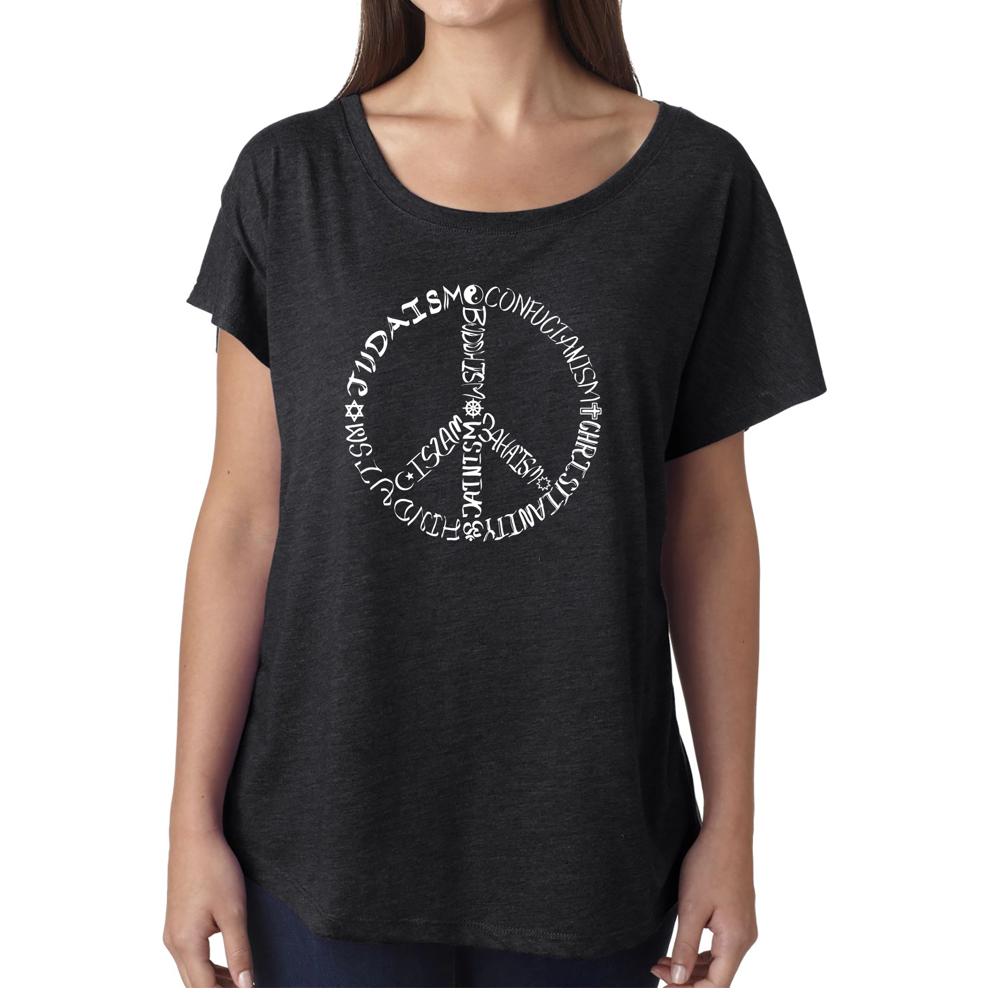 LA Pop Art Women's Dolman Word Shirt - Different Faiths peace sign