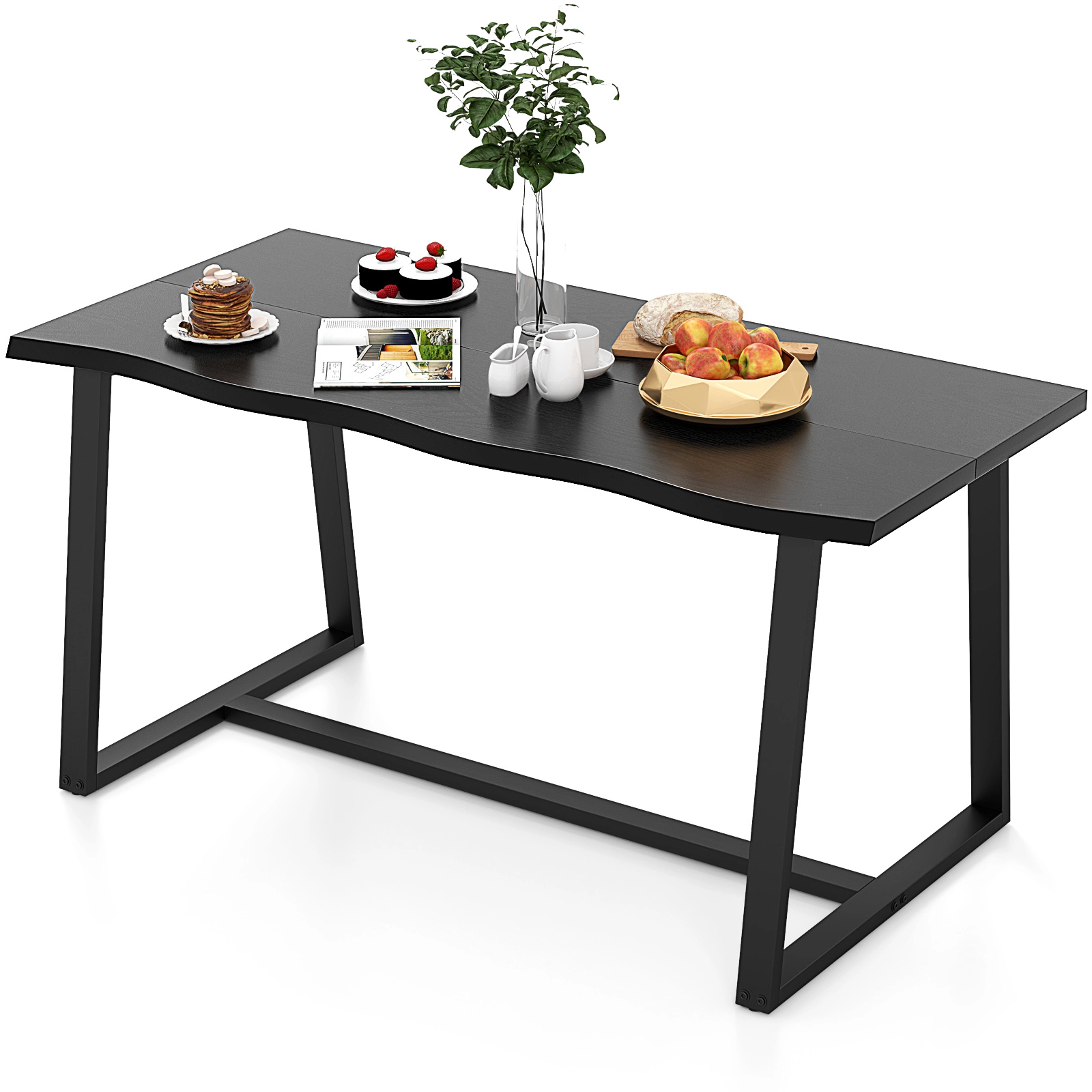 SUGIFT 63-in Large Wavy Edge MDF Dining Table with Heavy-Duty Metal Frame 220-lb Capacity Seats 4-6 Coffee/Black