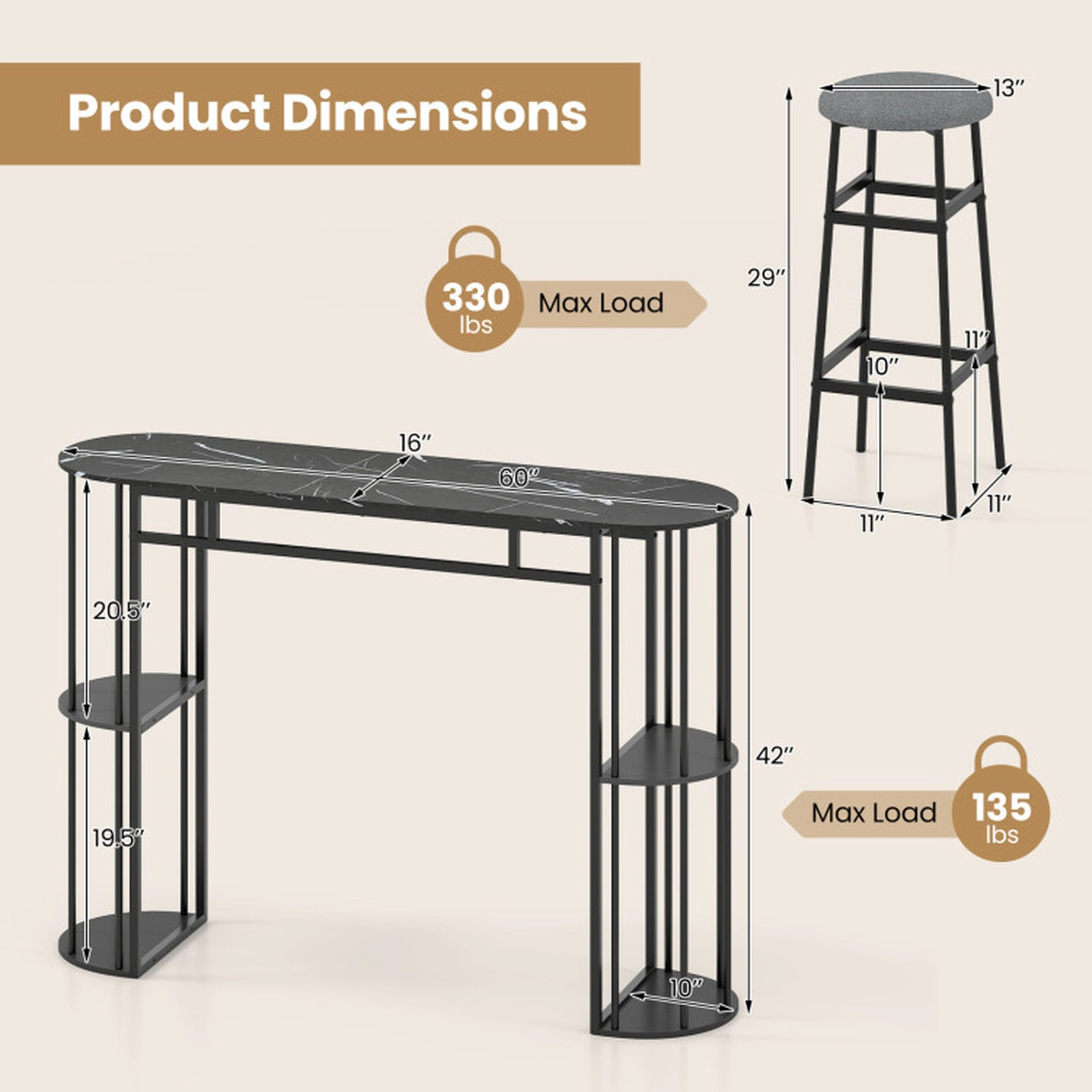 SUGIFT 60-in Dining Table and 2 Upholstered Barstools Set 135-lb Table 330-lb Stools Golden & White/Black & Gray