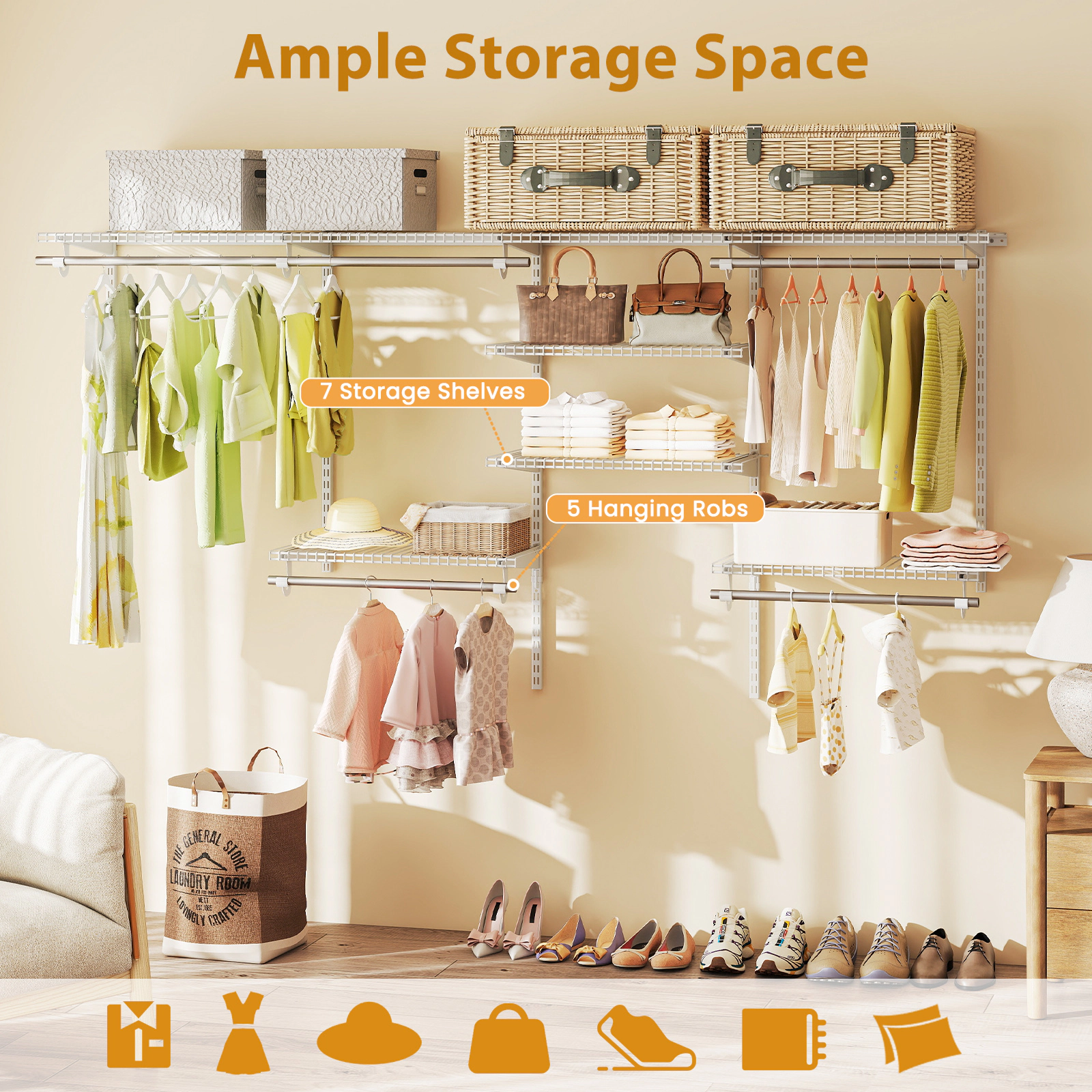 SUGIFT 4-ft to 8-ft Wall Mounted Closet Organizer System with 5 Hanging Rods and 7 Shelves for Laundry