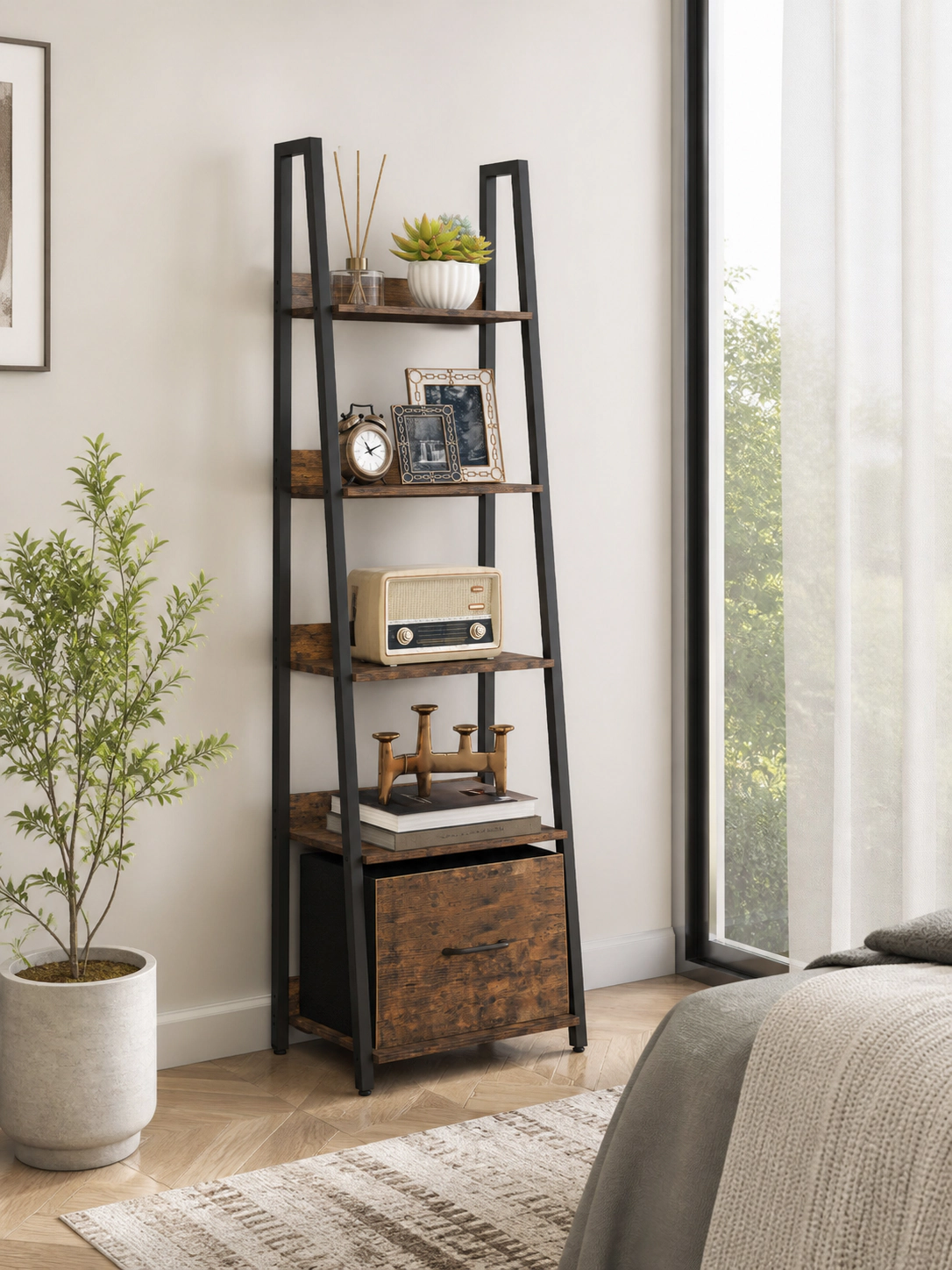 SUGIFT 5-Tier 56-in Tall Narrow Ladder Shelf Bookshelf with Fabric Drawer and 2.5-in Anti-Falling Baffles