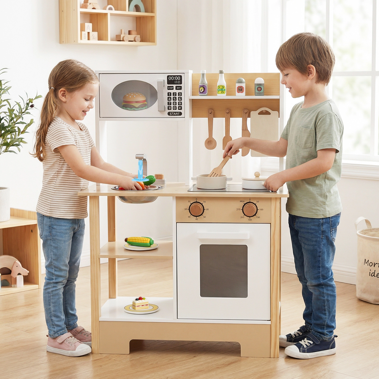 Kids Wooden Toy Kitchen Playset with Anti-Tip Kit Chalkboard and Cookware Accessories 24-in x 10-in x 33.5-in White