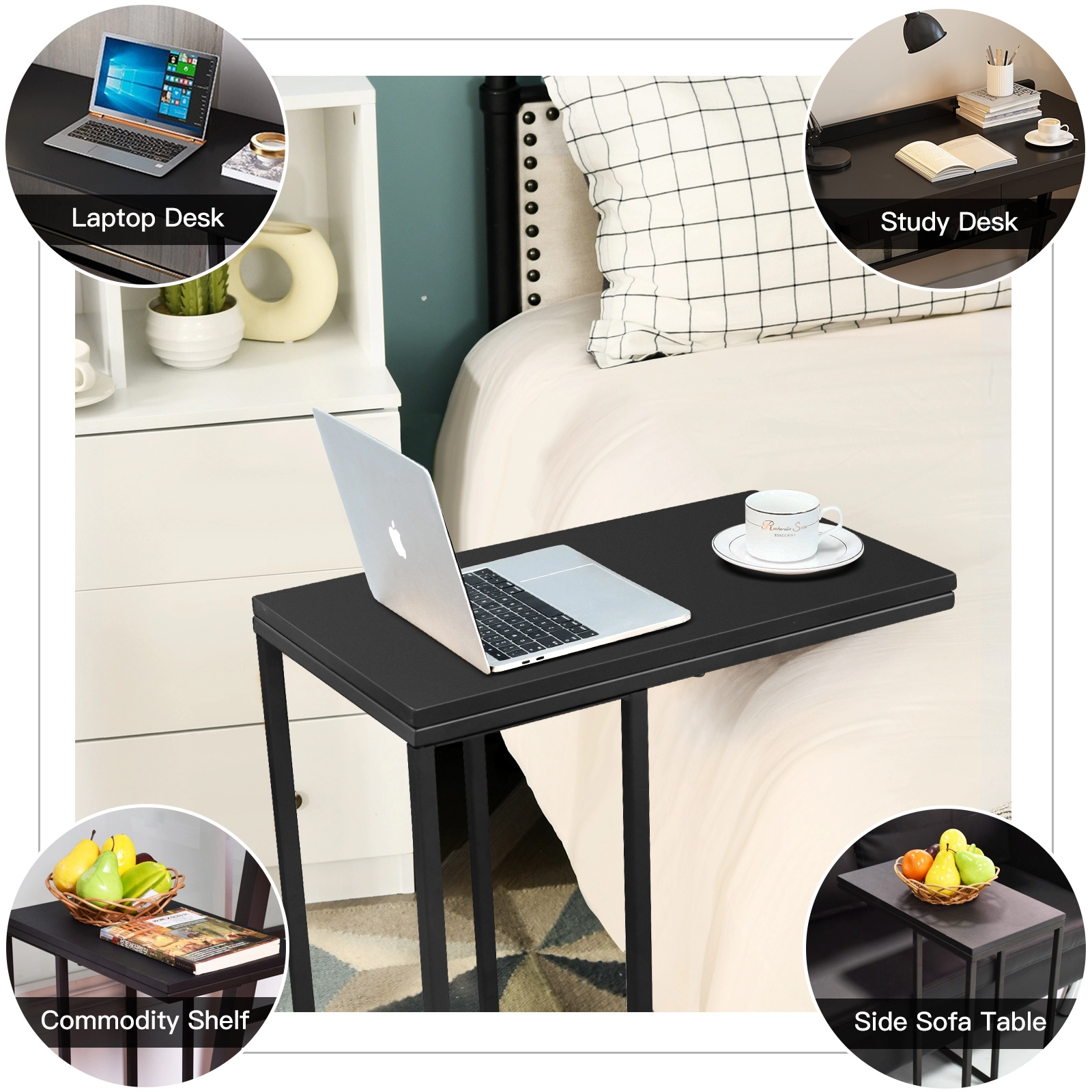 Glintex C-Shaped Sofa Side Table with Metal Legs and Slide-Under Base, Black