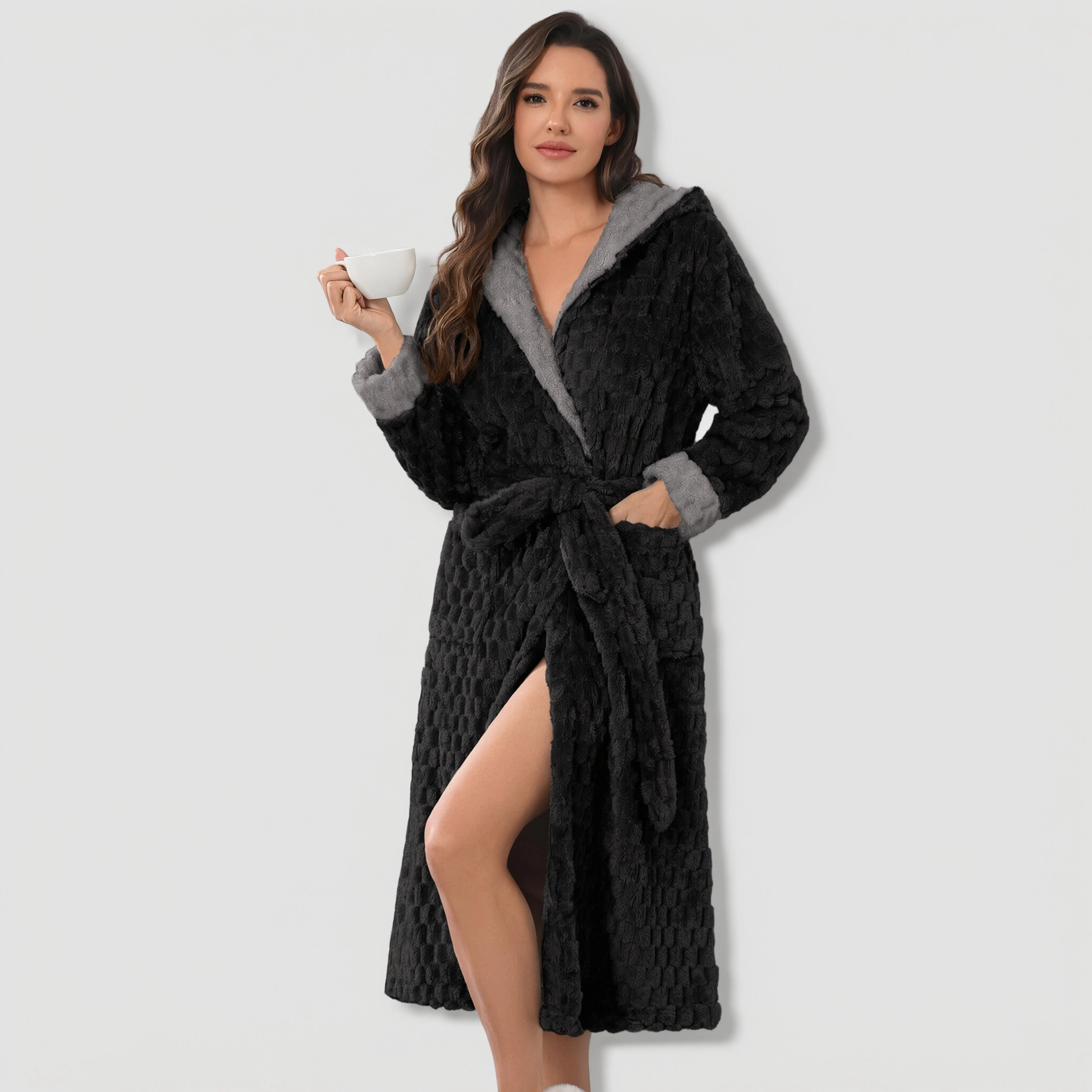 Ekouaer Plush Robe Womens Long Sleep Jacquard Fluffy Bathrobe Lapel Fleece Lounge Robes