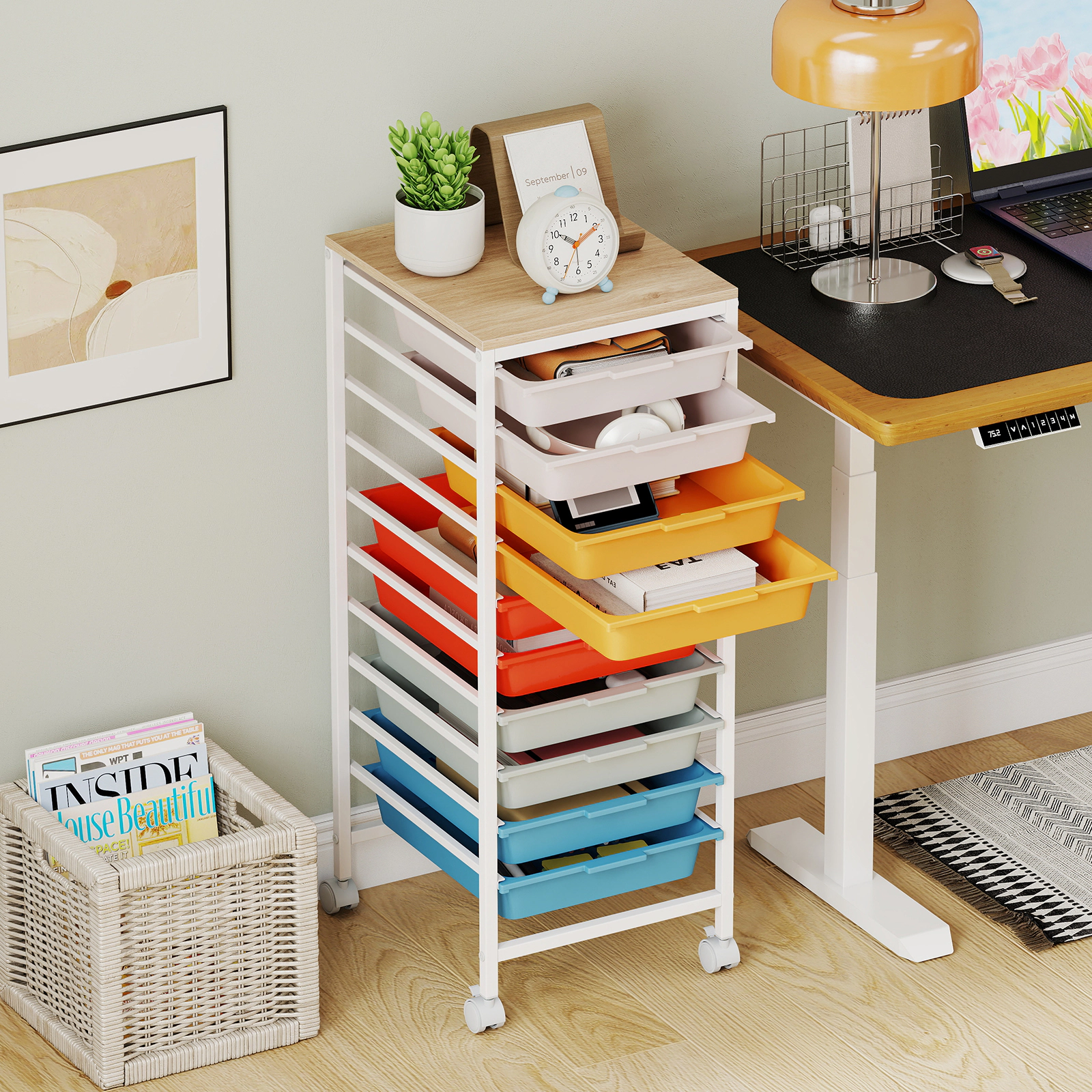 SUGIFT 33-in 10-Drawer Rolling Storage Cart with Wood Top Mobile Utility Organizer and Lockable Wheels