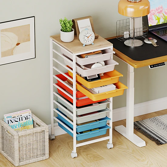 SUGIFT 33-in 10-Drawer Rolling Storage Cart with Wood Top Mobile Utility Organizer and Lockable Wheels