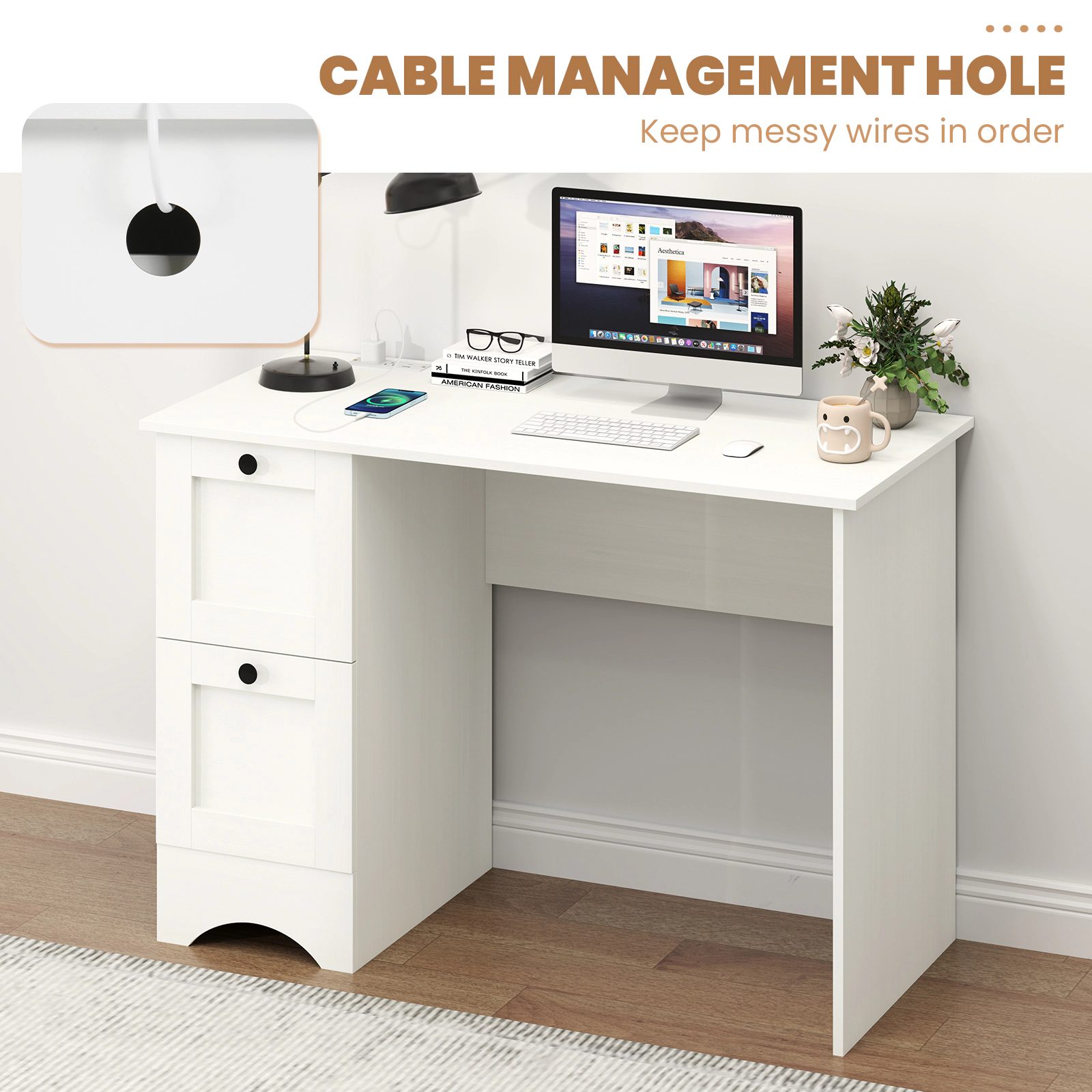 SUGIFT 43-Inch Modern White Computer Desk with 2 Drawers, Charging Station and Cable Hole