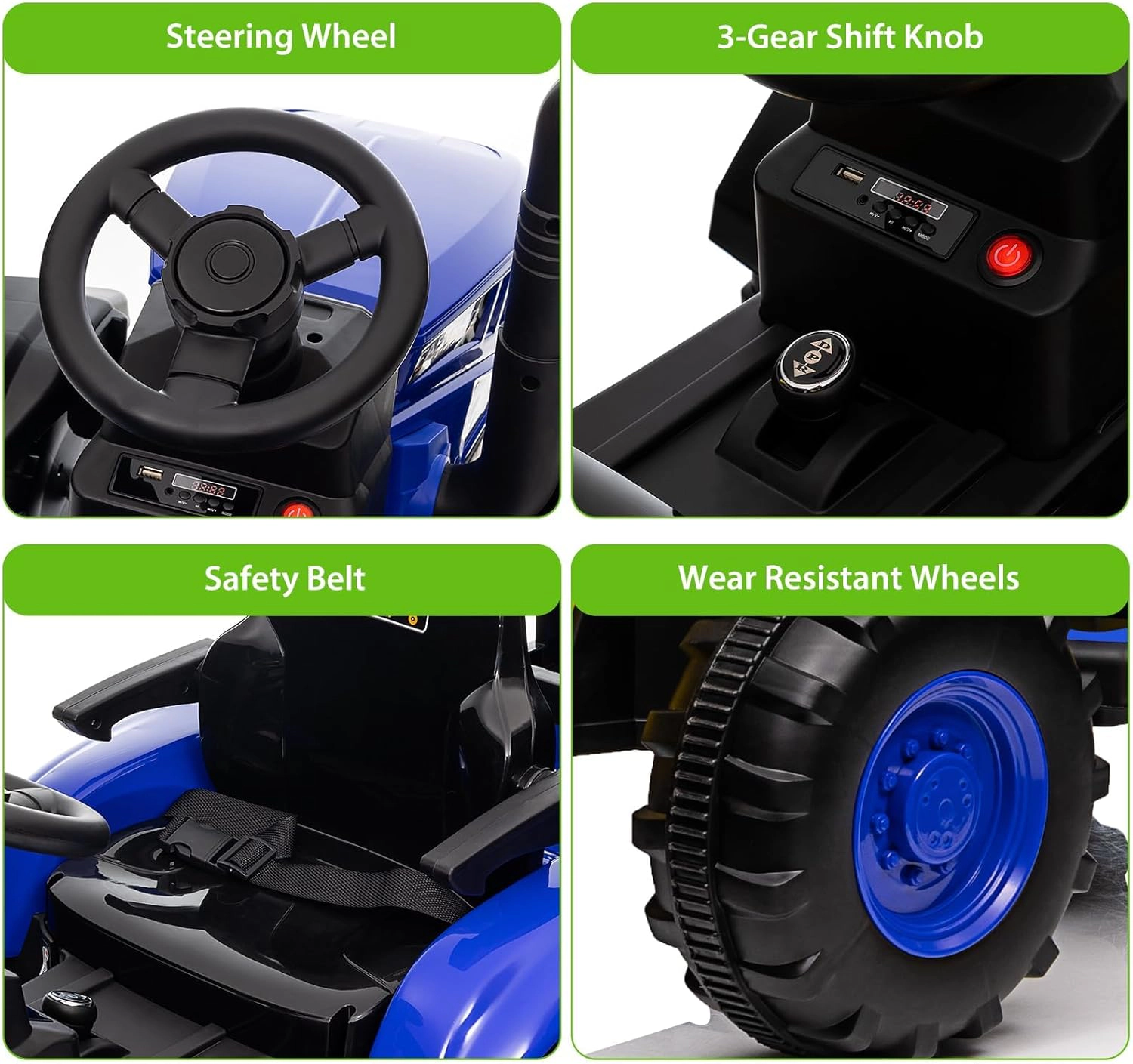 Enjyam 12V Kids Ride-On Tractor with Remote, Electric w/ Dual Motors, Detachable Trailer, Music & LED Lights