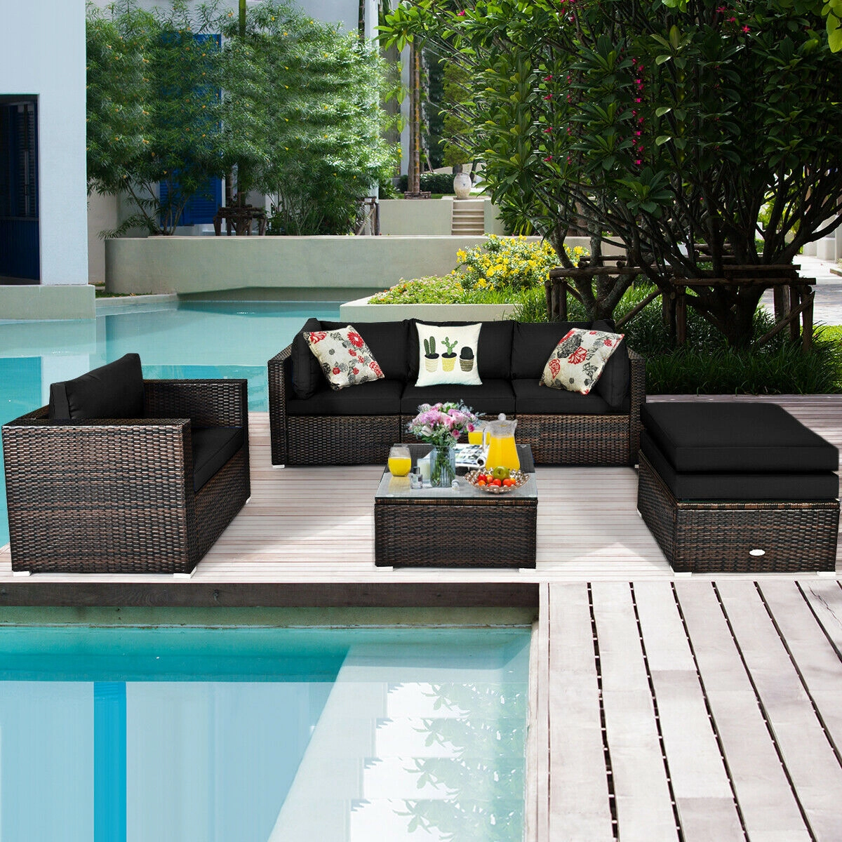LJG 6 Pcs Patio Rattan Furniture Set with Sectional Cushion