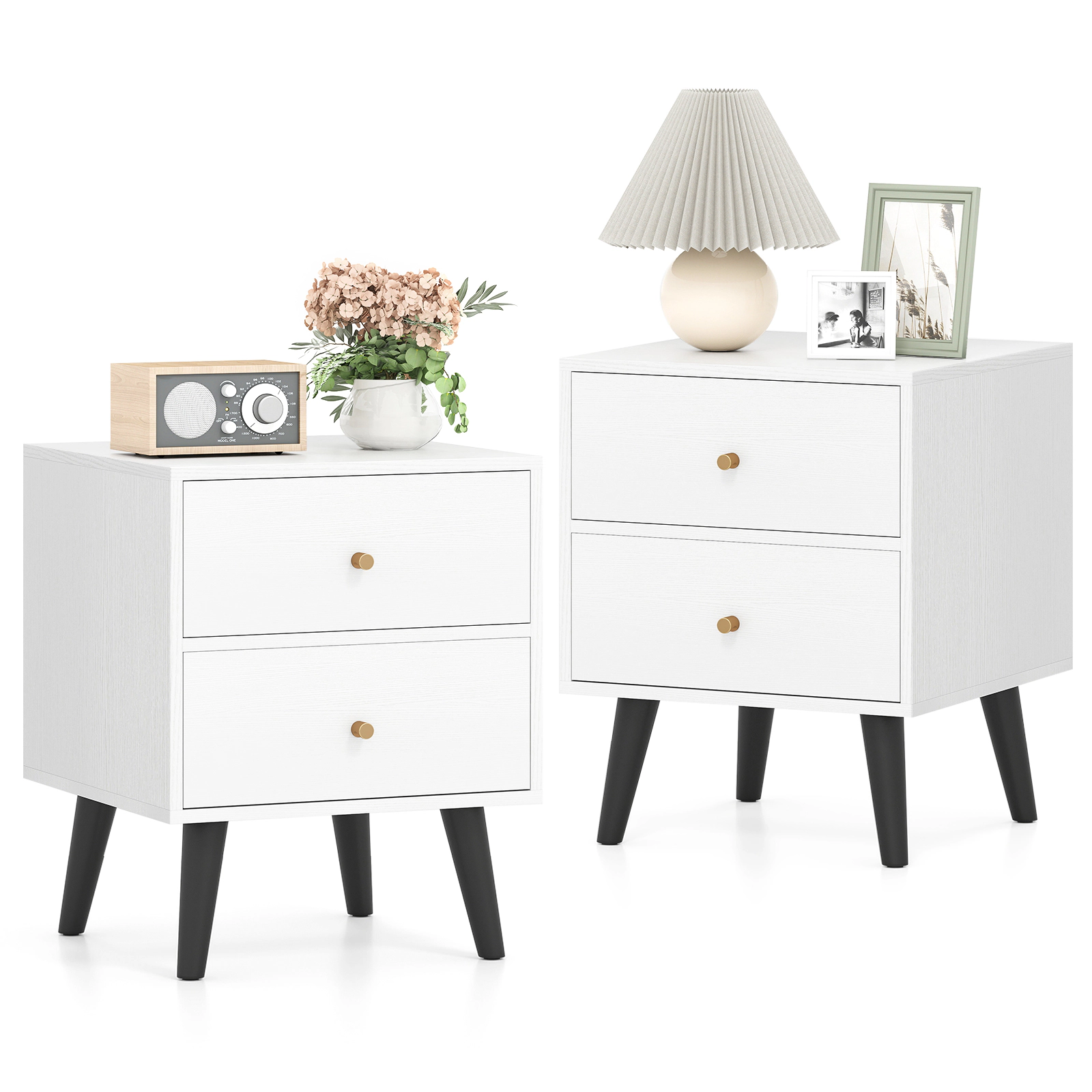 Glintex 2-Piece Mid-Century Nightstand Set with Golden Knobs and Drawer Stoppers, White