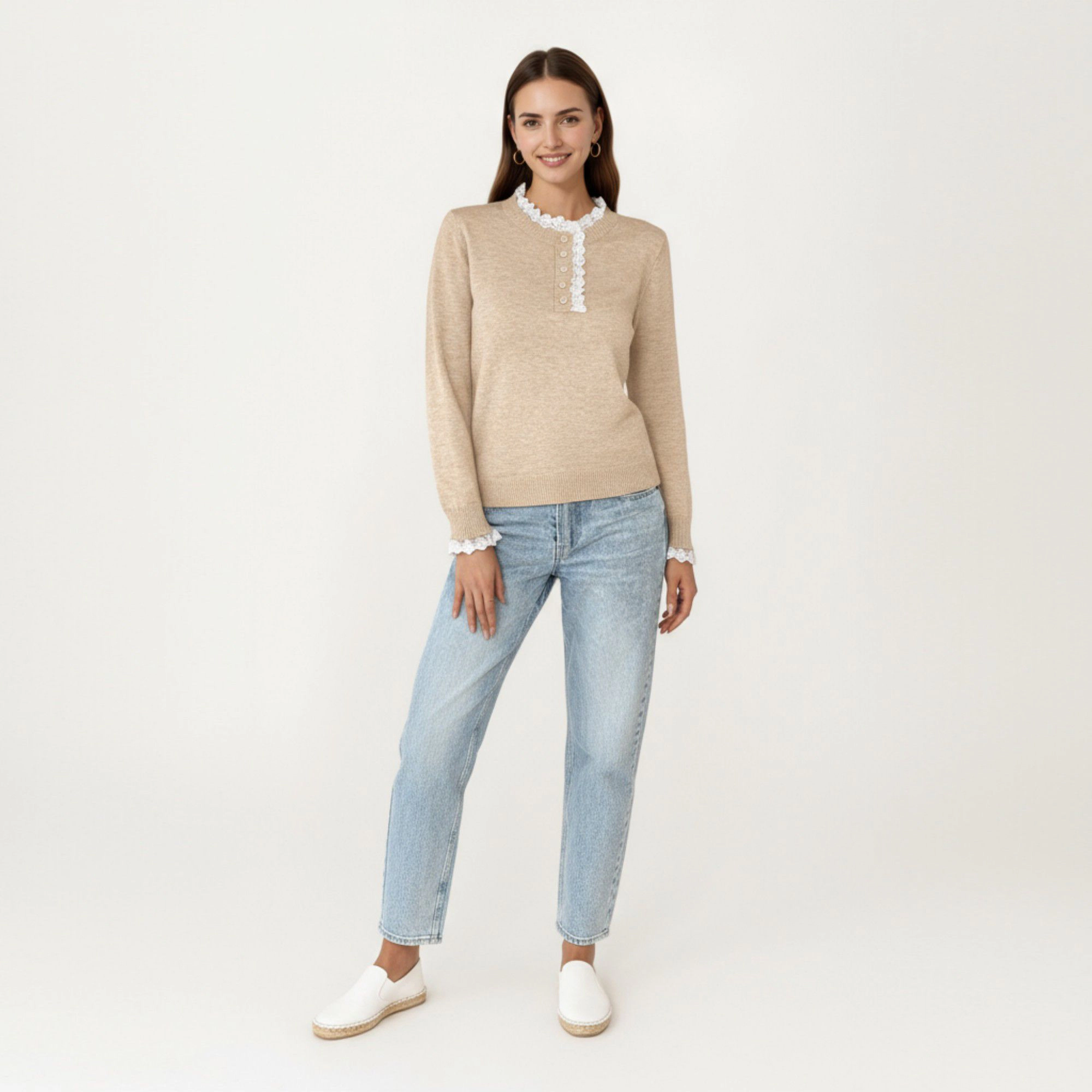 Anna-Kaci Women's Lace Trim Collar Button Front Long Sleeve Knit Top