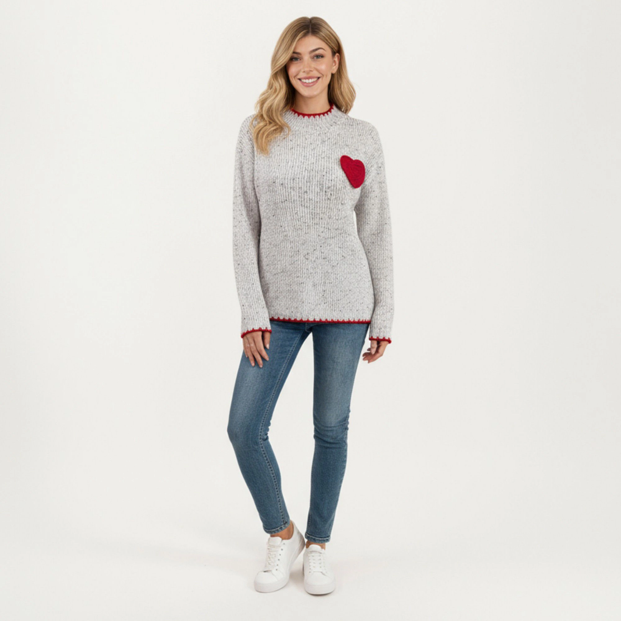 Anna-Kaci Women's Ribbed Knit Sweater with Valentine Heart Patch Contrast Trim