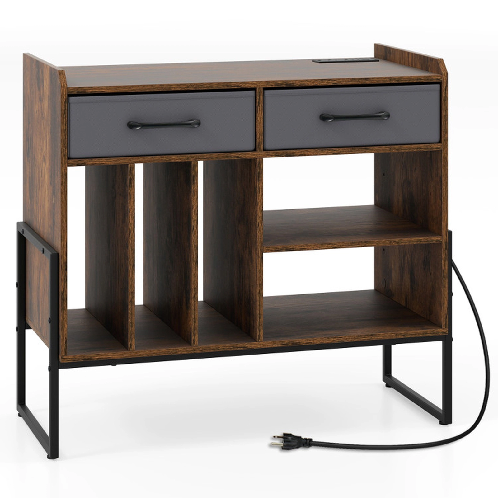 SUGIFT Rustic Brown Mid-Century Record Player Stand with Vinyl Storage, Power Outlet and USB Ports