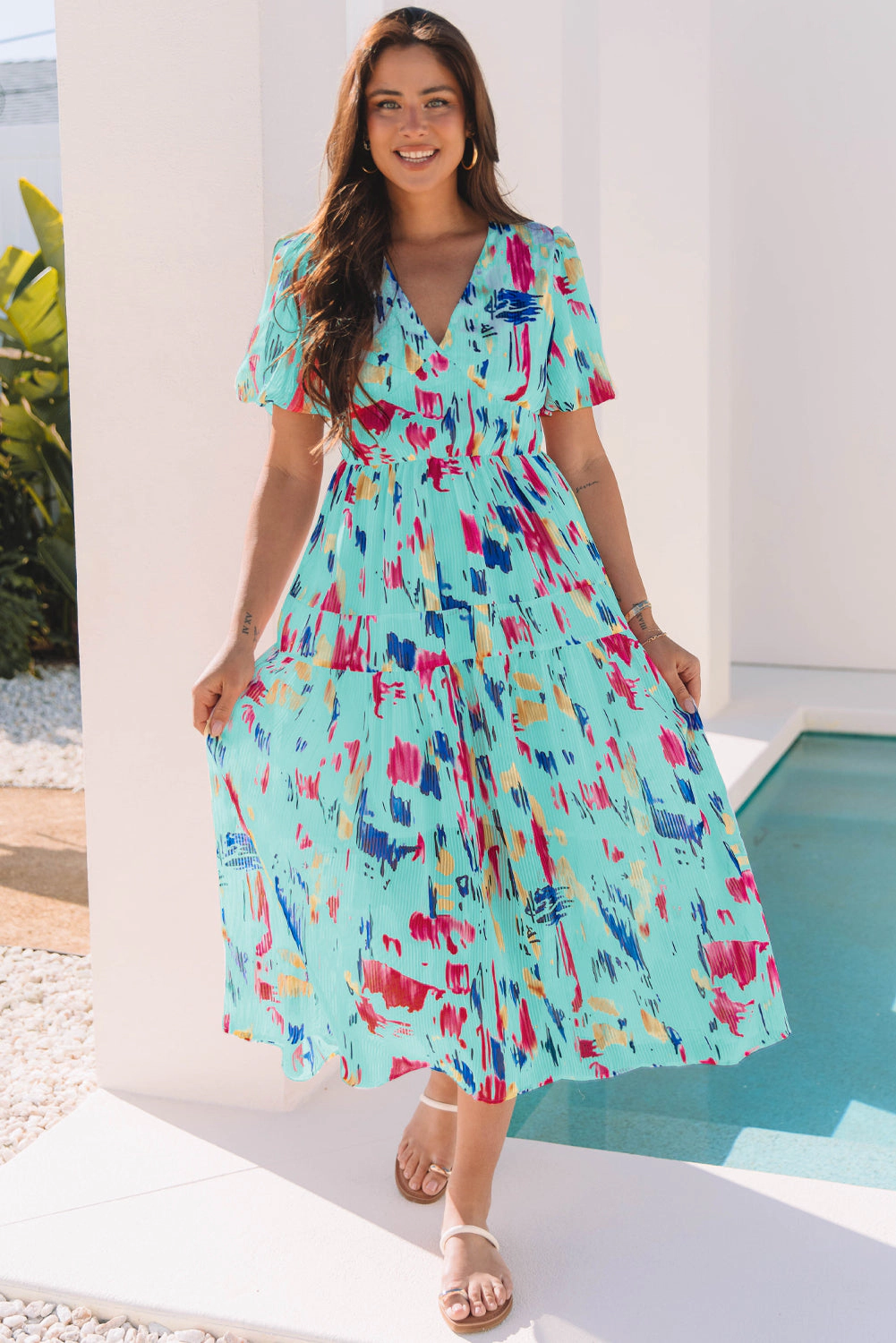 Threaded Pear Women's Roselyn Abstract Short Puff Sleeve Tiered Maxi Dress