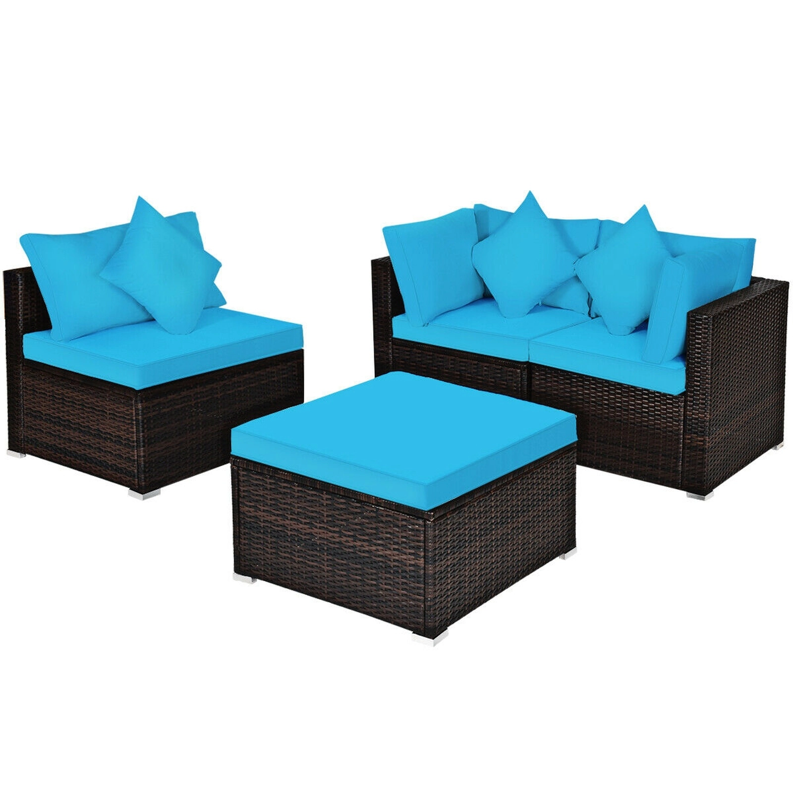 SUGIFT 4-Piece Turquoise Wicker Patio Sectional, 2 Corner Sofas and 25-Inch Ottoman