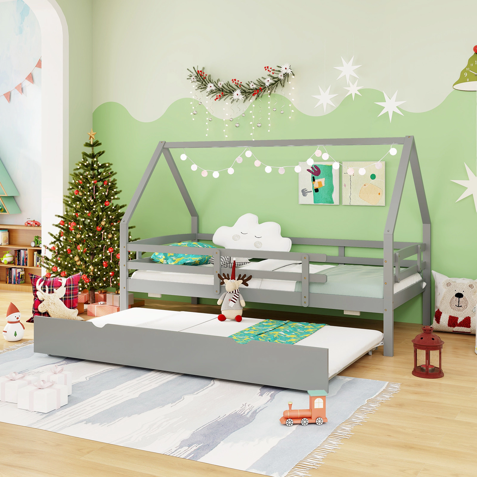 SUGIFT Twin House Bed with Pull-Out Trundle, Fence Rails, Gray Pine Wood, 330-Lb Capacity