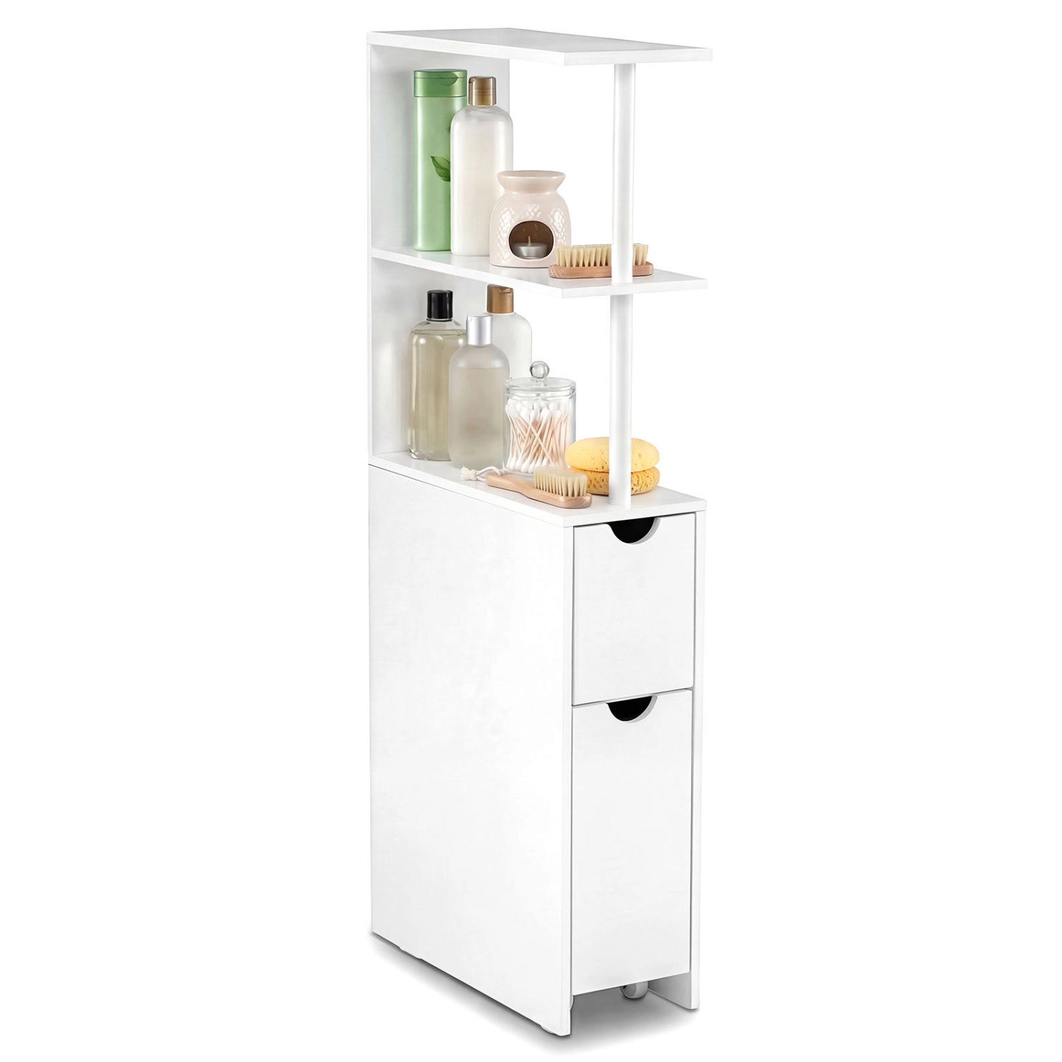 Glintex Slim 45-Inch Bathroom Cabinet with Rolling Slide-Out Cart and Drawer, White