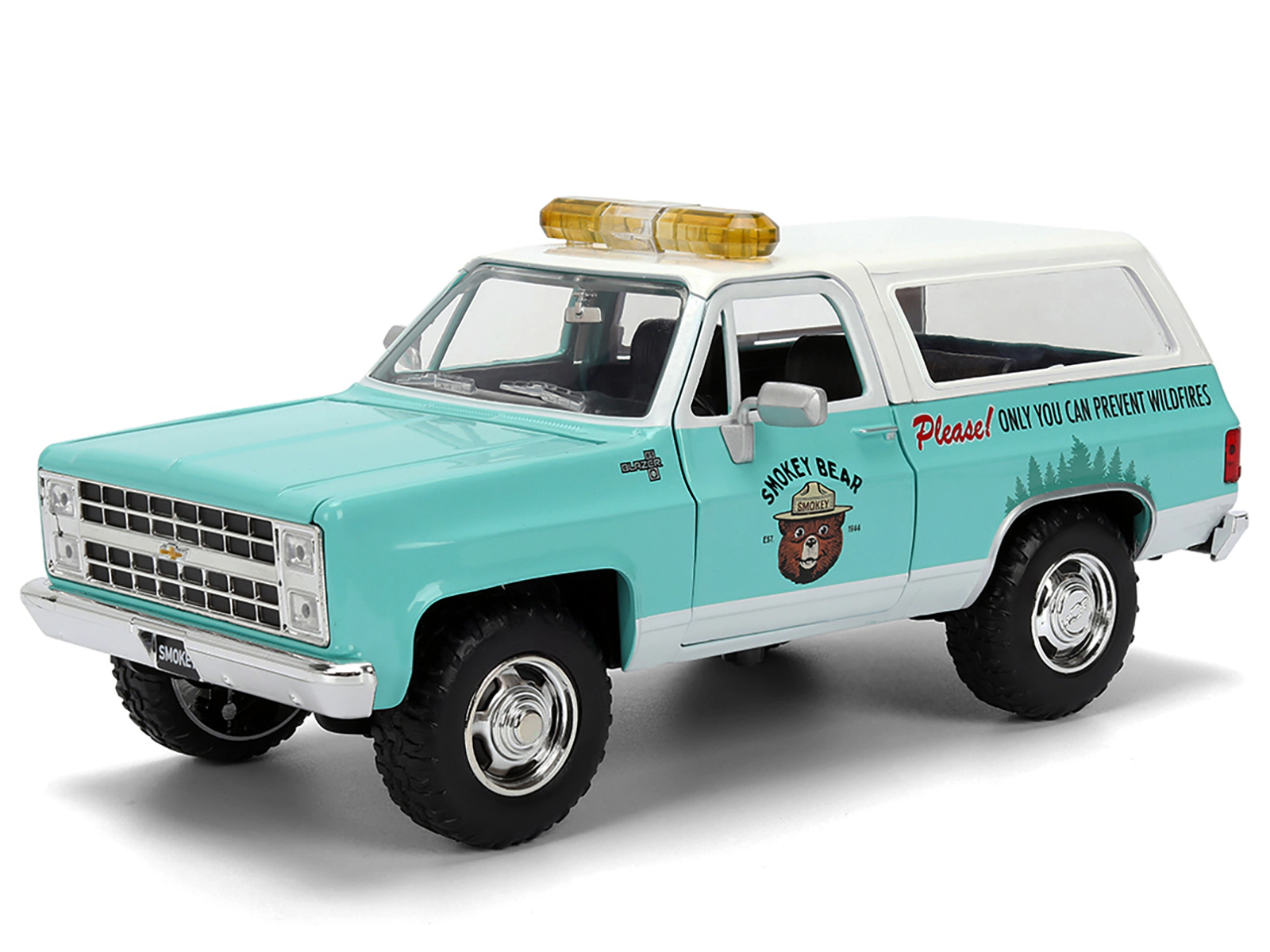 Jada 1980 Chevrolet Blazer Light Green with White Top and Graphics and Smokey Bear Diecast Figure "Smokey