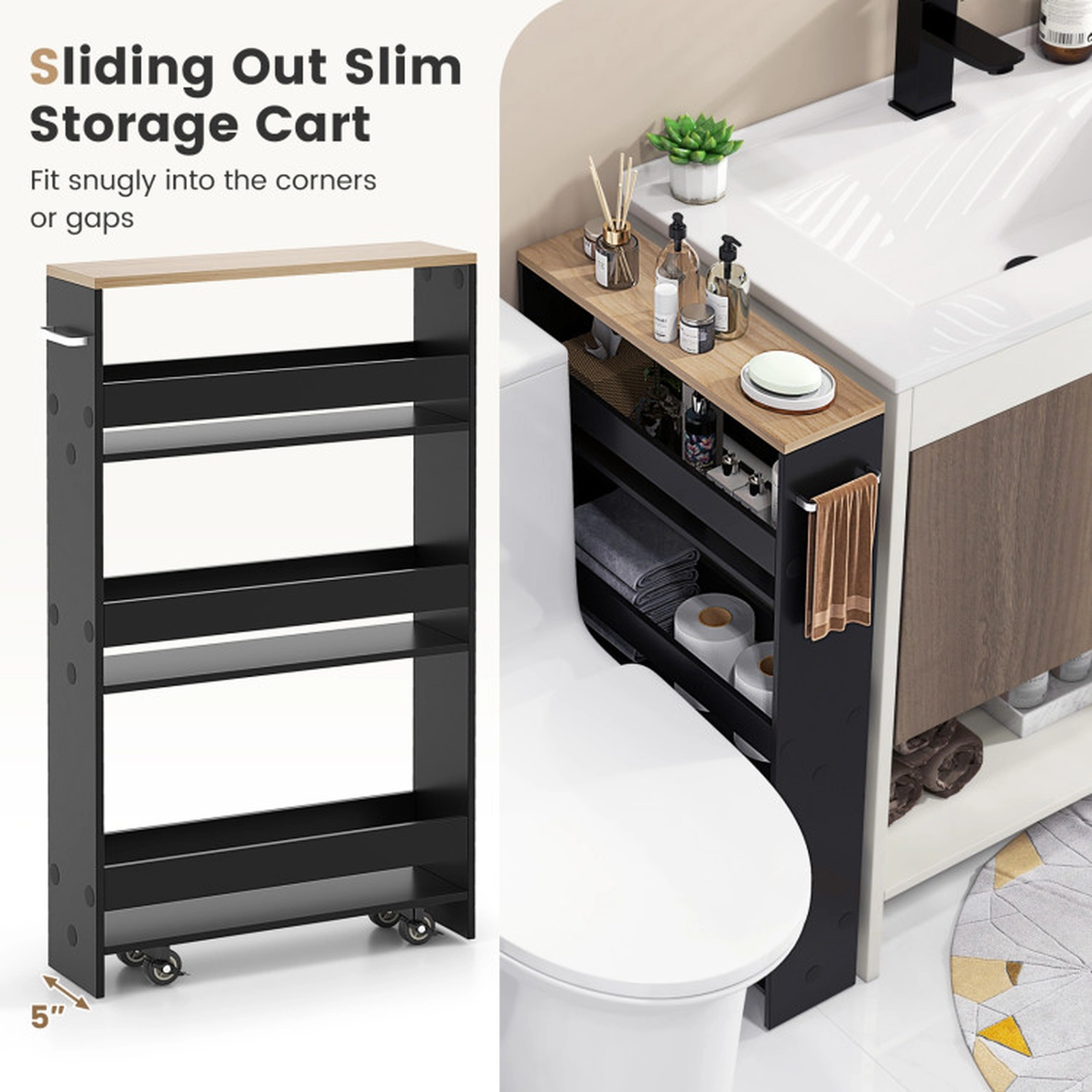 SUGIFT Rolling Kitchen Slim Storage Cart Black 4-Tier Organizer with Handle
