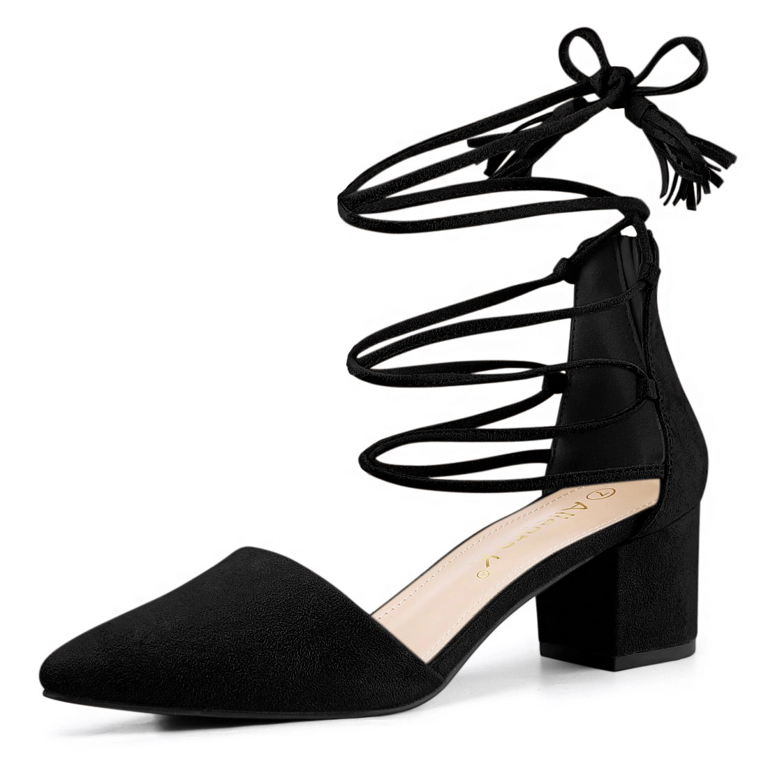 BLISSFUL STEP Women Pointed Toe Chunky Heel Block Heels Lace Up Back Zip Pumps