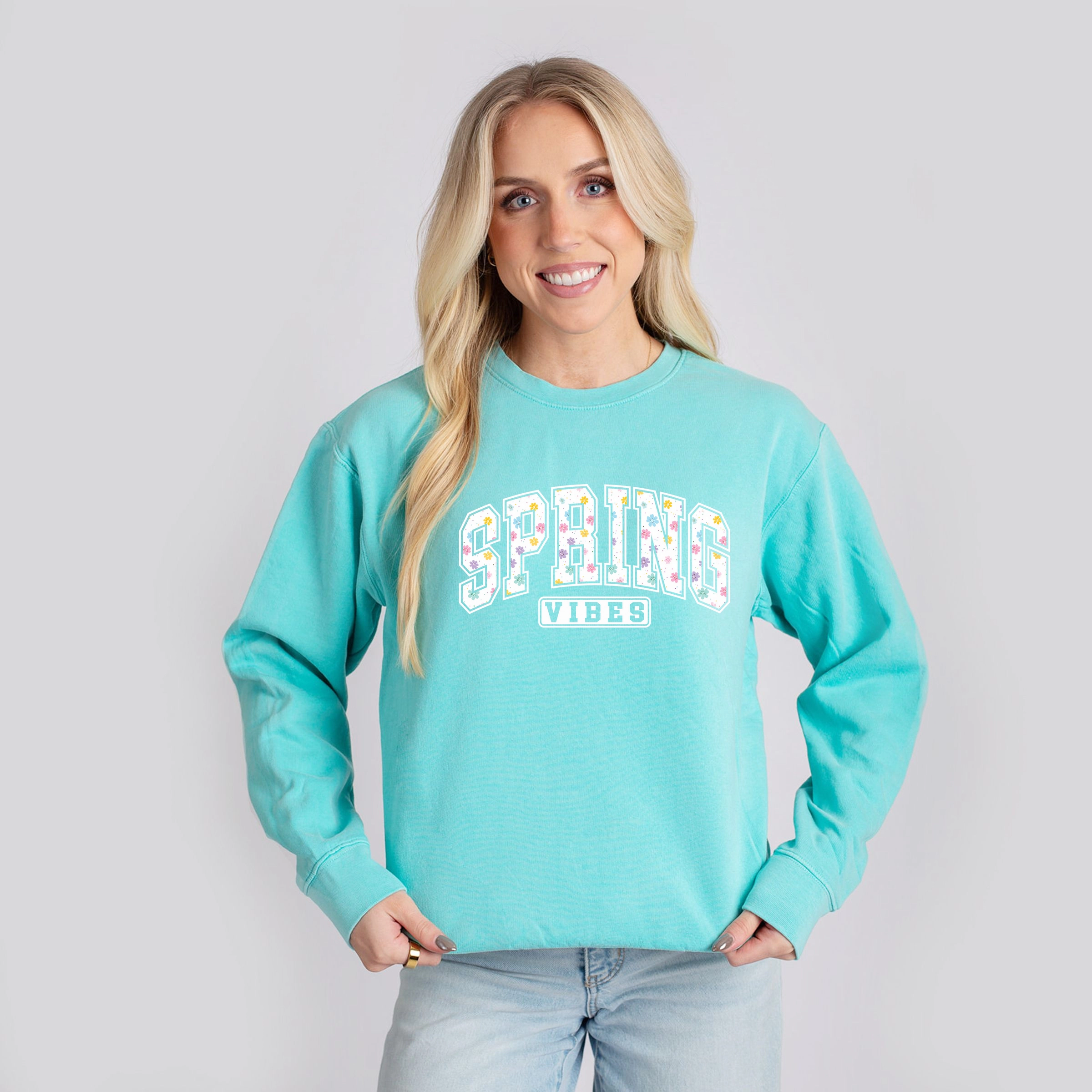 Simply Sage Market - Spring Vibes Varsity Women's Lightweight Garment Dyed Sweatshirt