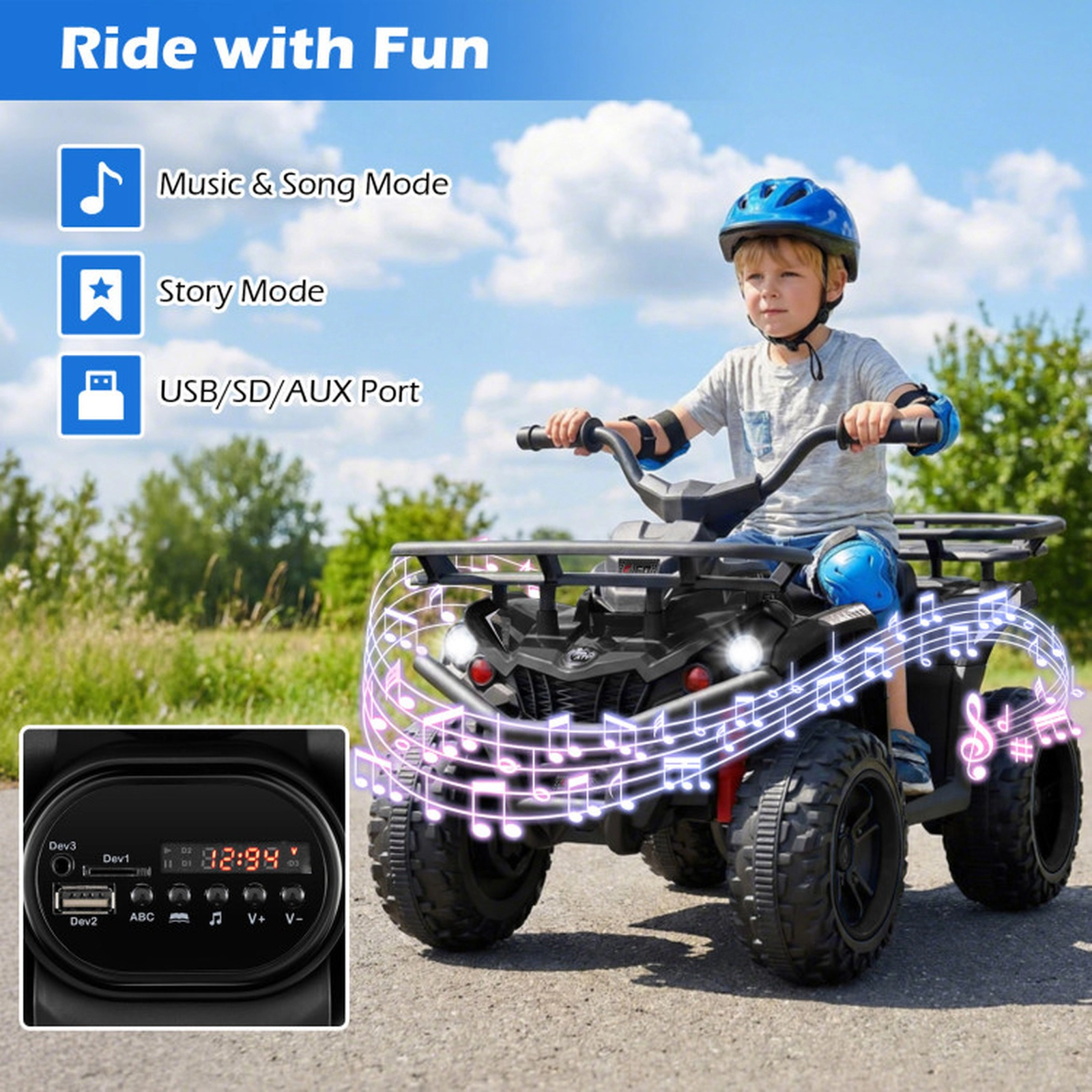 SUGIFT 24V Electric Ride On Quad ATV with LED Headlights 66-lb Capacity Ages 3+ Black