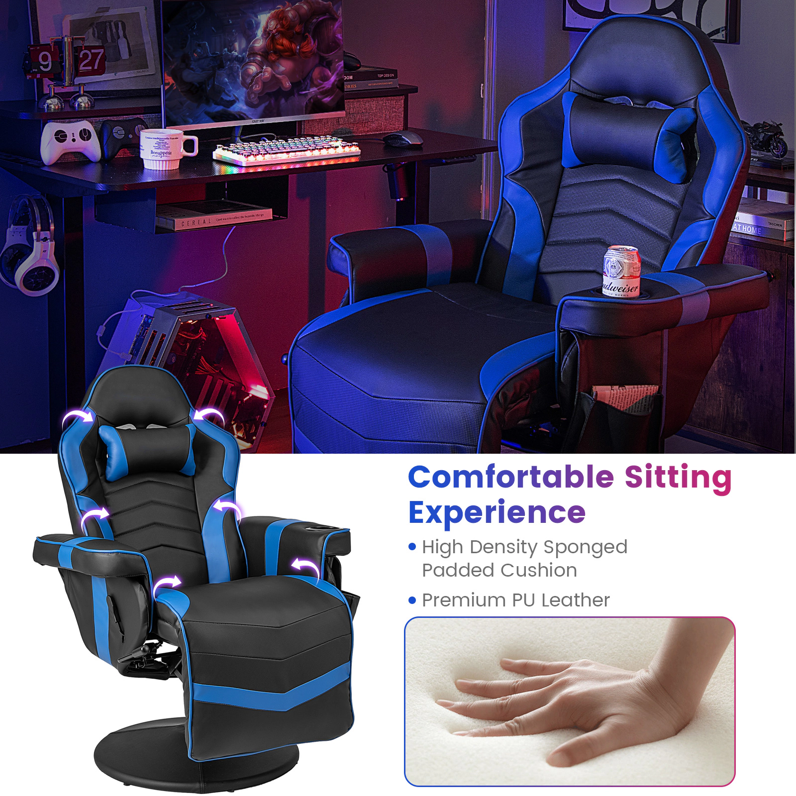 SUGIFT Massage Gaming Recliner Chair with Extendable Footrest and Swivel Base