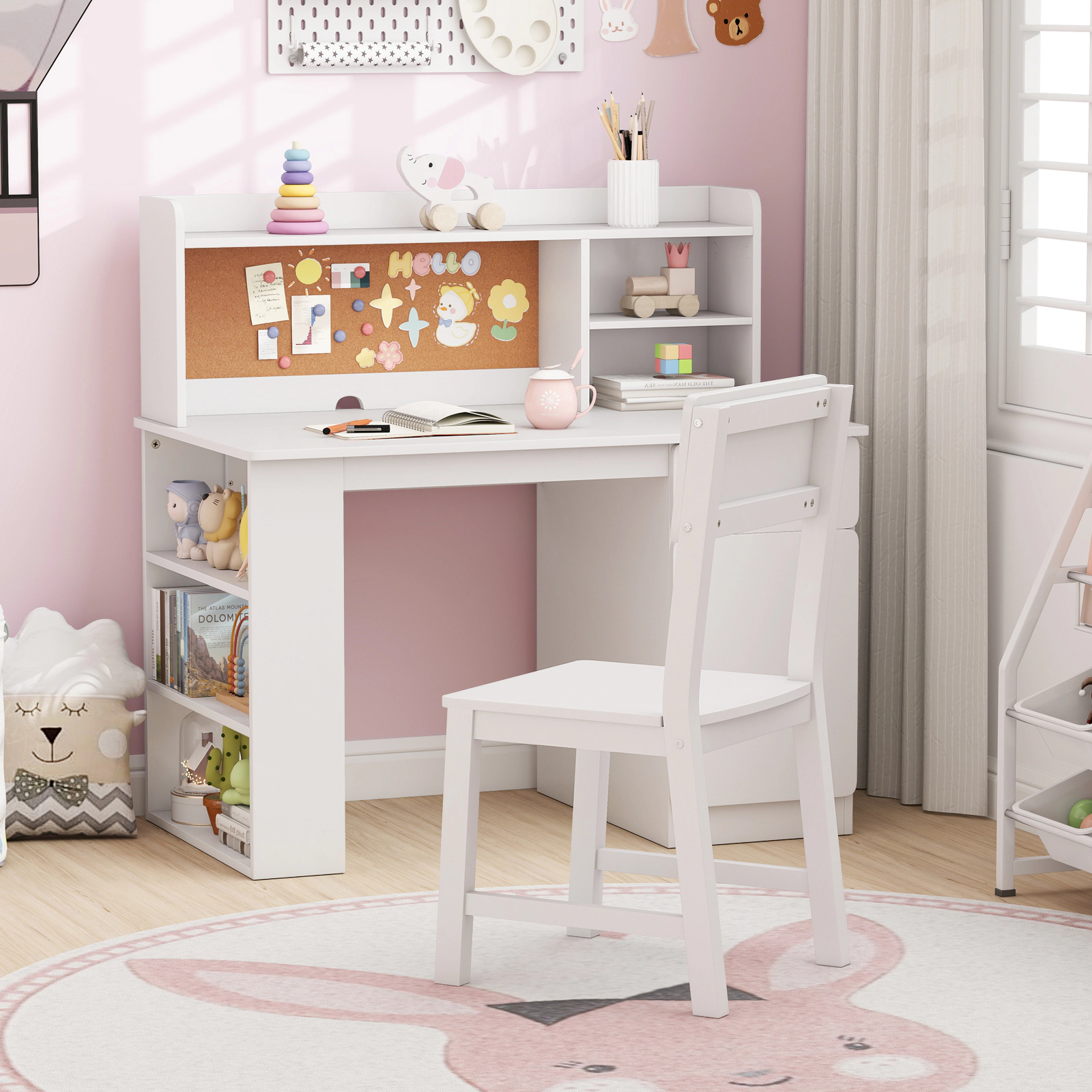 Kids Desk and Chair Set with Hutch 3-Layer Side Shelf Drawer and Enclosed Cabinet Cork Board Student Study Desk White