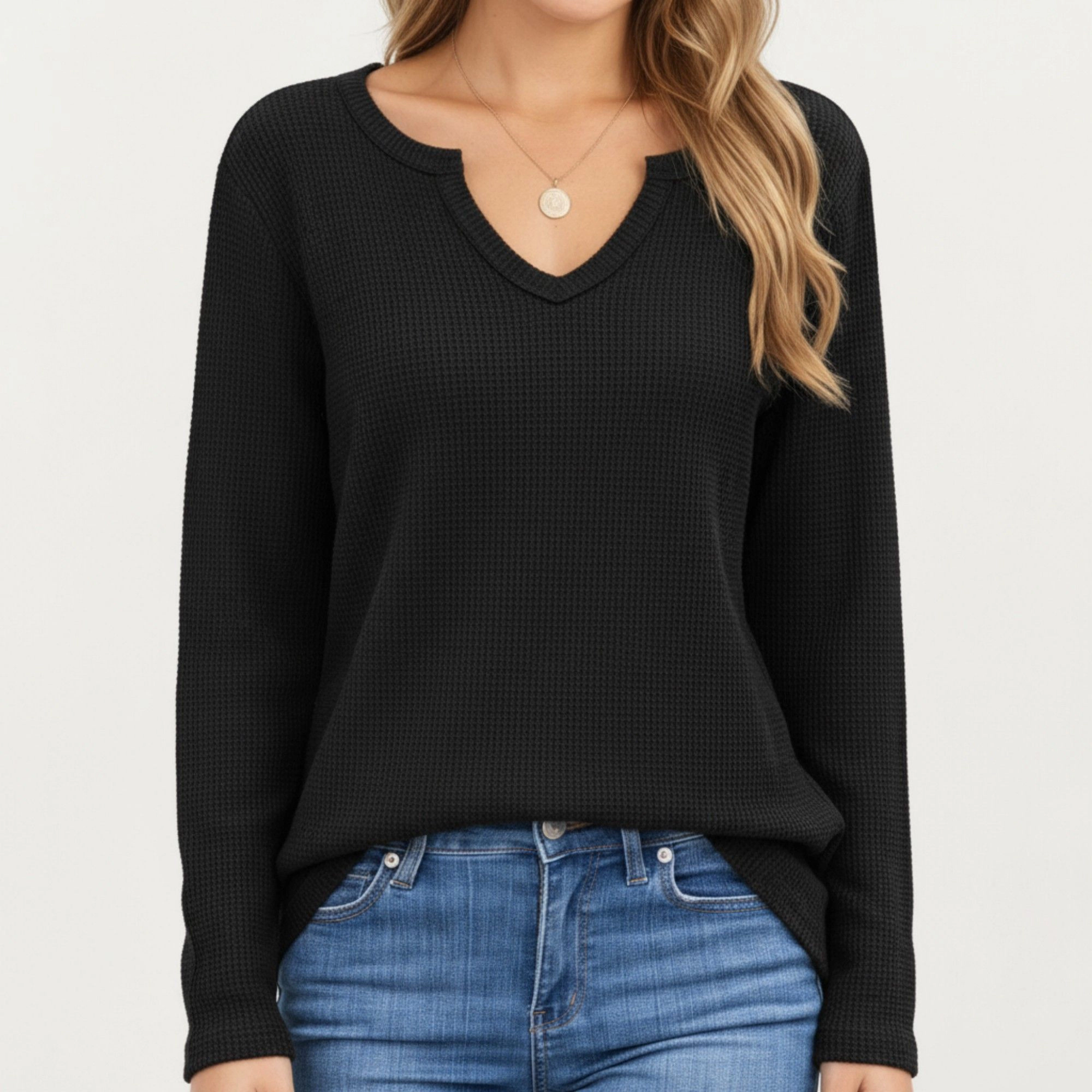 Anna-Kaci Women's Waffle Knit Notch V-Neck Relaxed Fit Long Sleeve Top