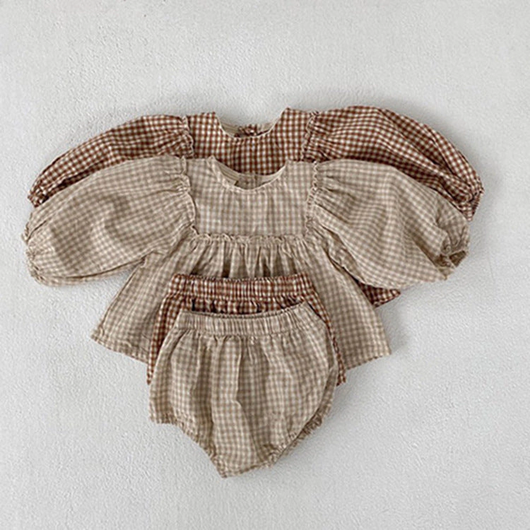 MyKids-USA Baby Girl Plaid Pattern Loose Blouses With Shorts Sets