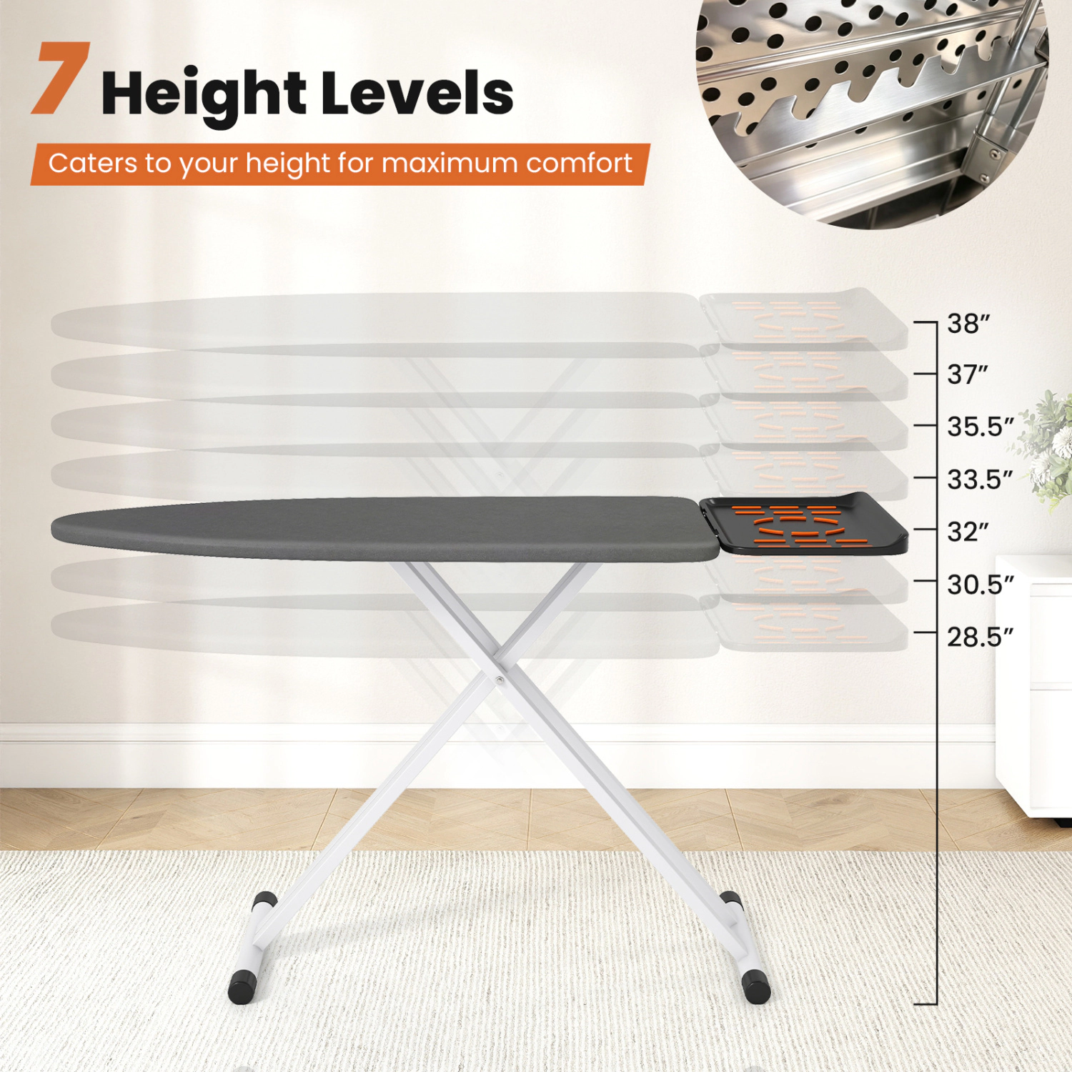 LJG 7 Adjustable Height Foldable Full Size Ironing Board with Iron Rest and Heat-Resistant Surface