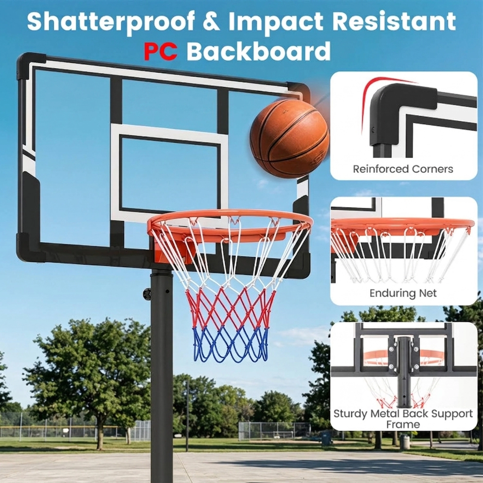 SUGIFT 18-Level Adjustable Portable Basketball Hoop 3.3-10 ft with Fillable Base and Wheels Black & White