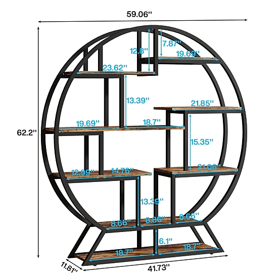 Tribesigns Round Bookshelf, 63 Inch Etagere Bookcase with Staggered Shelves Plant Stand