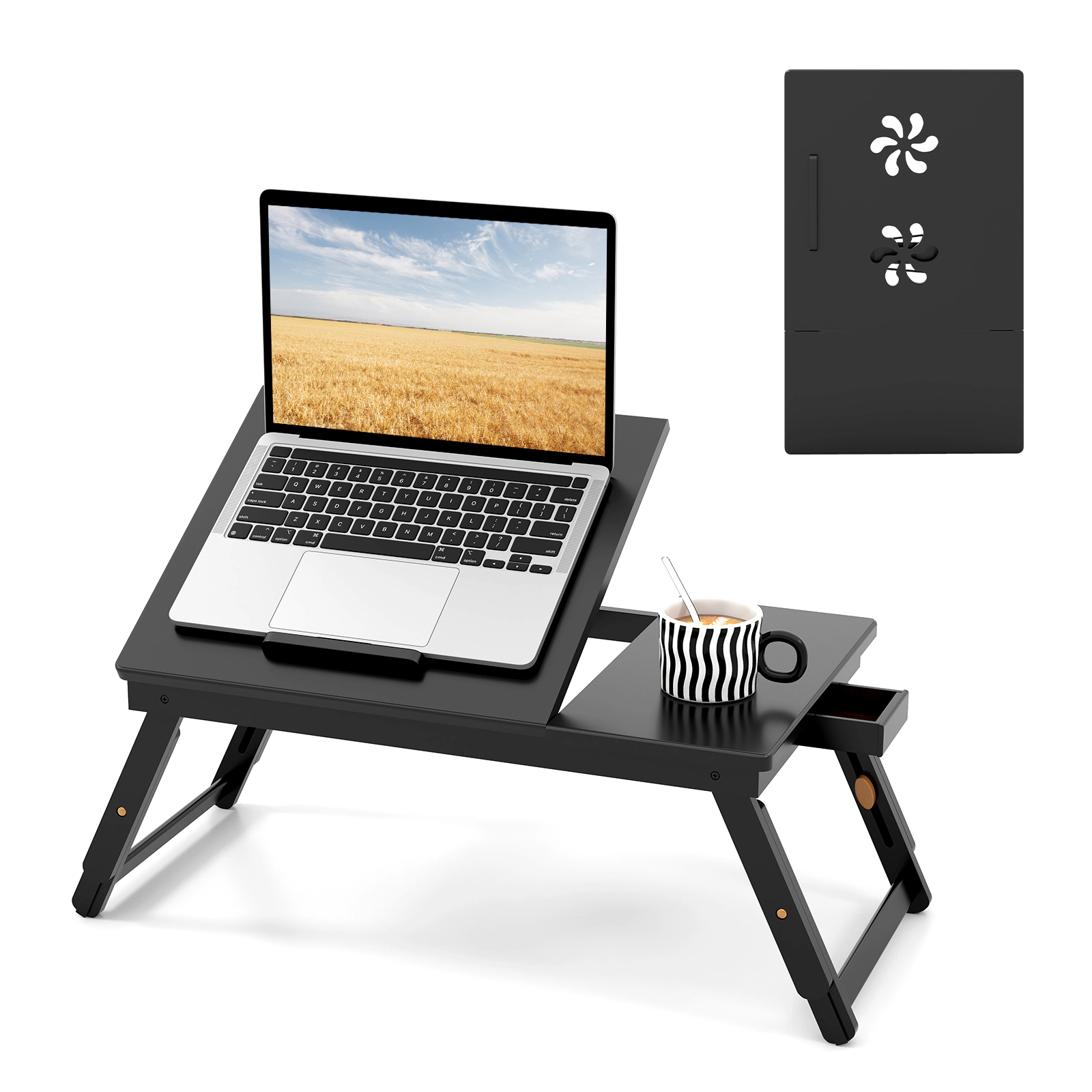 SUGIFT Bamboo Tilting Top Drawer Folding Legs Bed Tray Laptop Desk 21-in x 13-in 8-in to 10.5-in 55-lb Capacity Brown