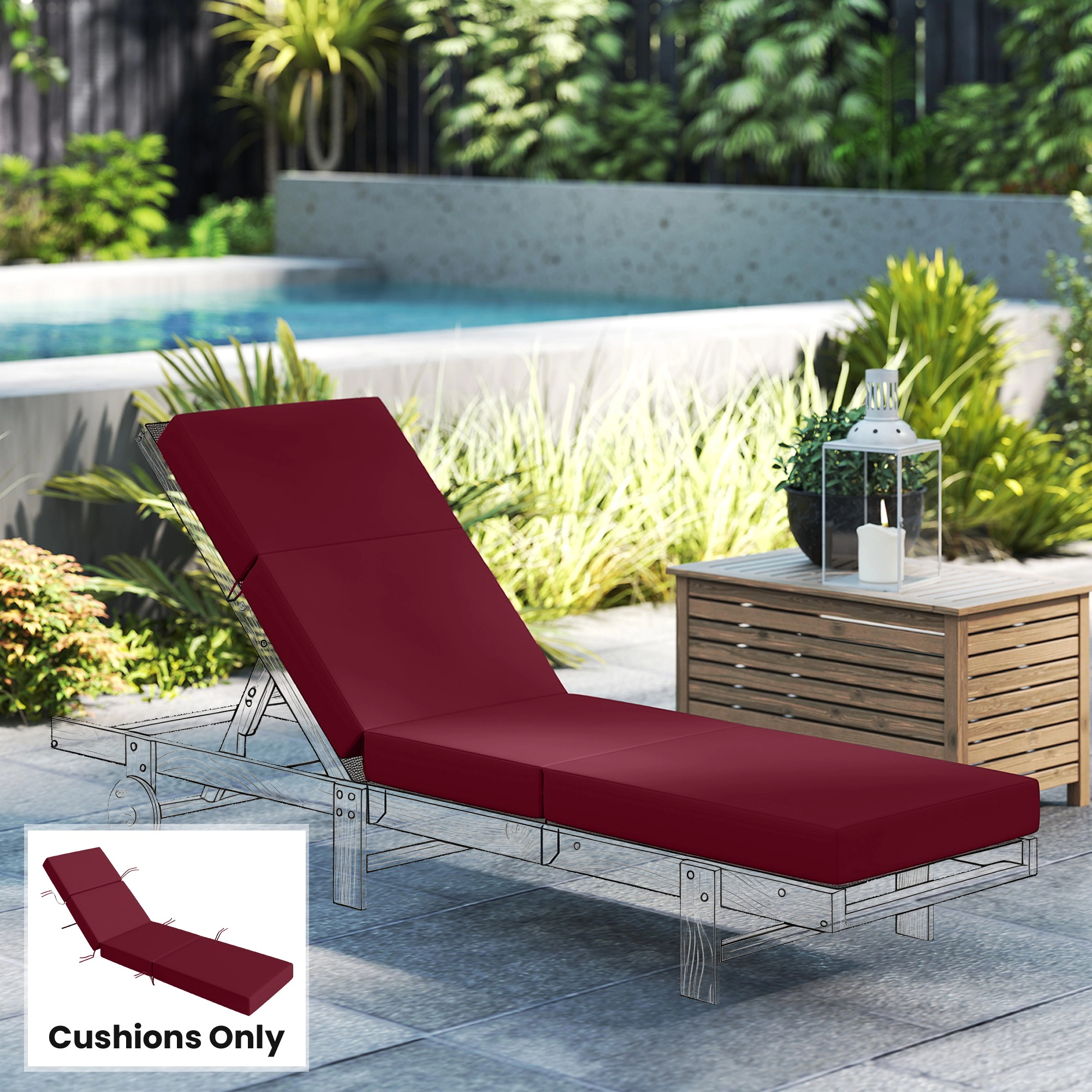 HONGGE Chaise Lounge Cushion 4" Thick Outdoor Chair with Ties for Patio 21" x 72"