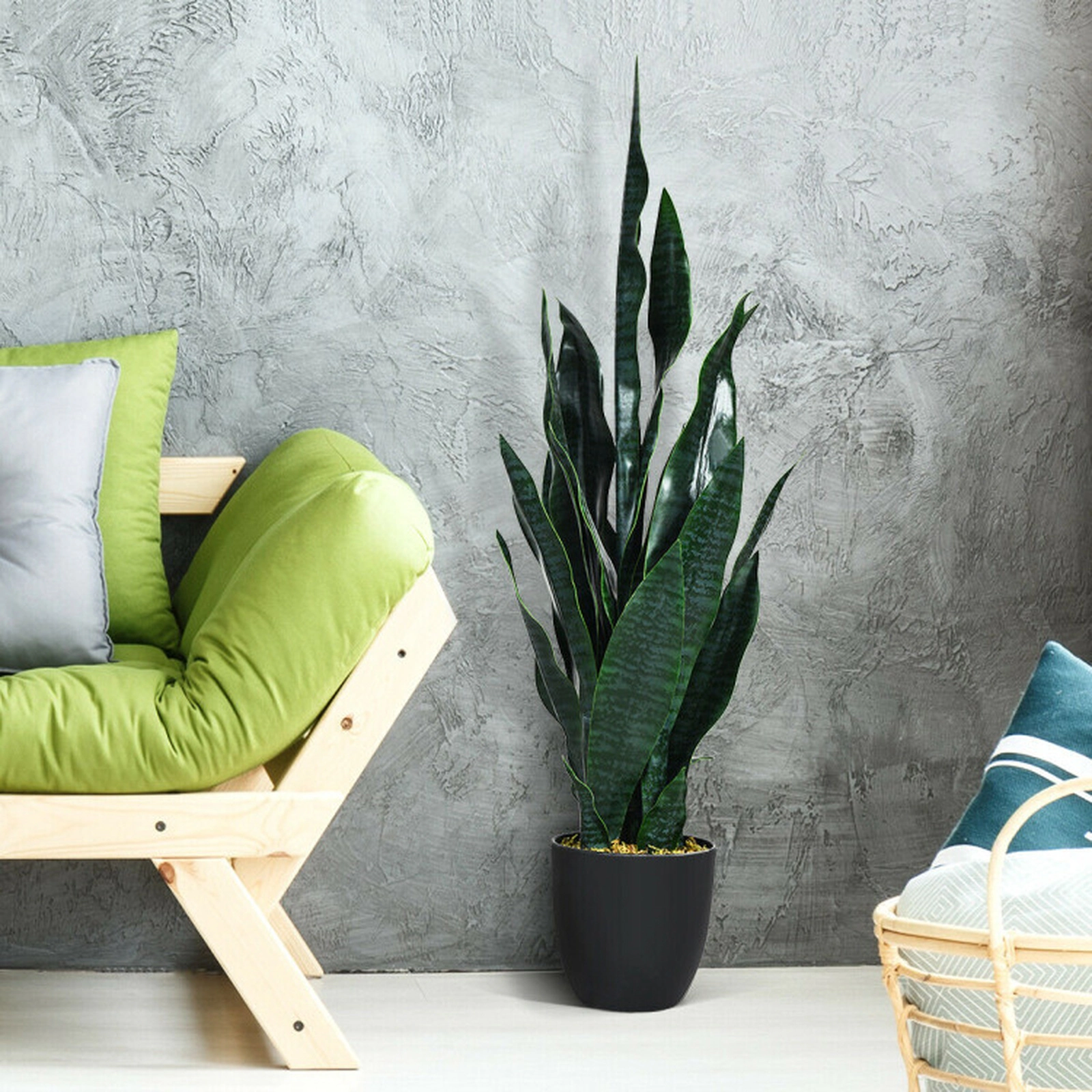 SUGIFT 35.5-in Indoor Outdoor Artificial Snake Plant Faux Sansevieria with 20 Slender Leaves in Cement Pot