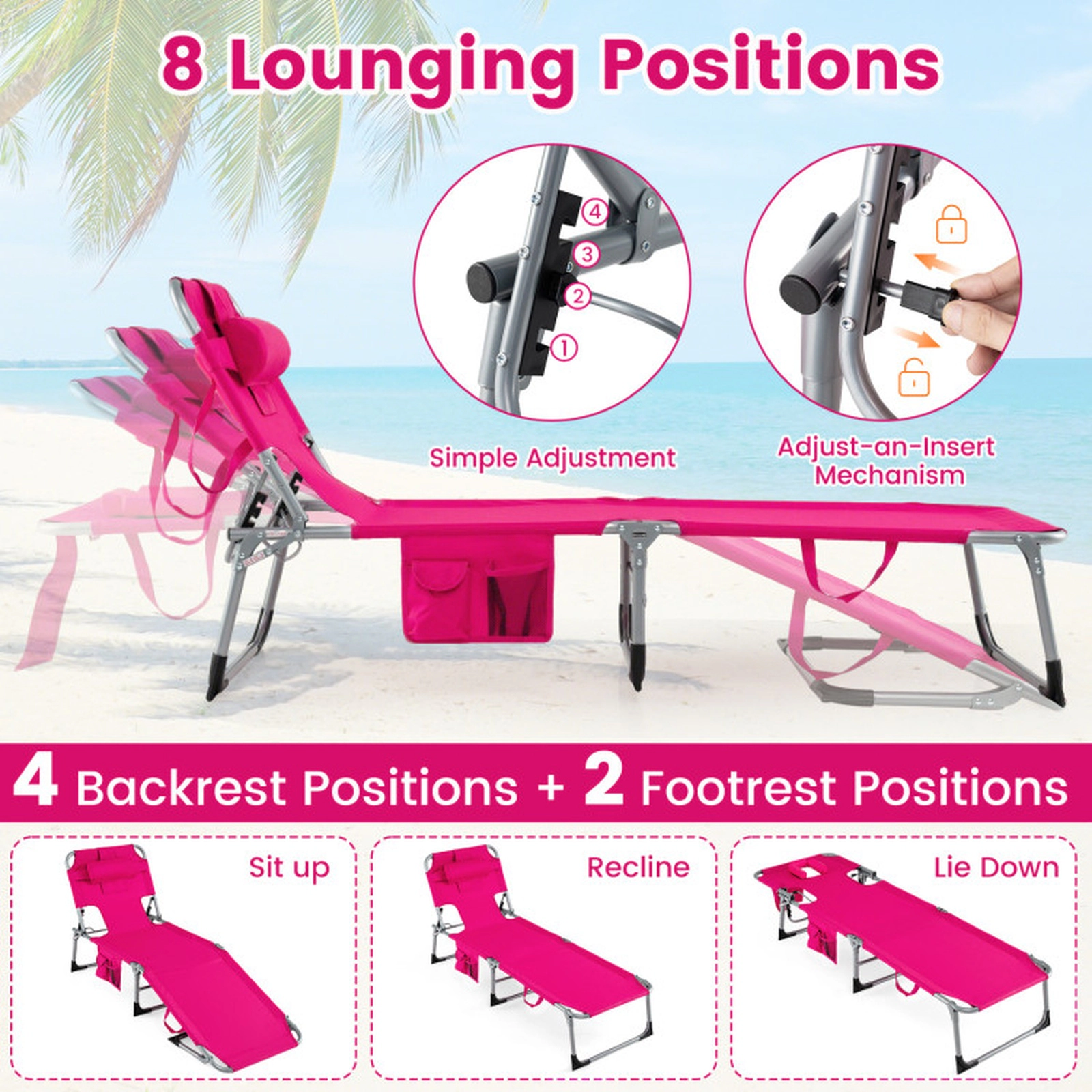 SUGIFT Set of 2 Portable Tanning Chaise Lounge Chairs with 4-Position Adjustable Backrest 330-Lb Capacity Pink