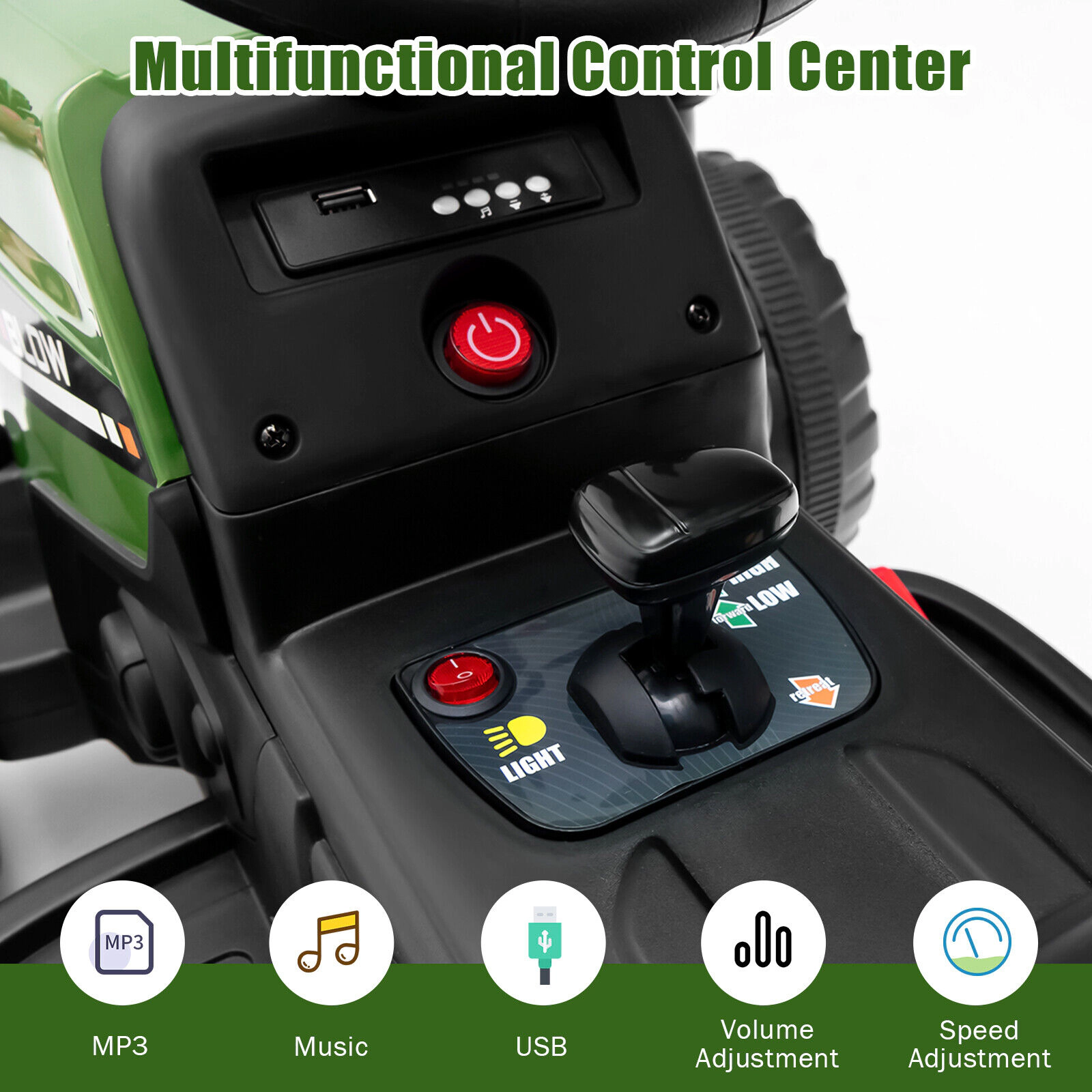 12V Ride On Tractor for Kids Detachable Trailer 3-Gear Shift Ground Loader Parent Remote LED Lights Ages 3+ Dark Green