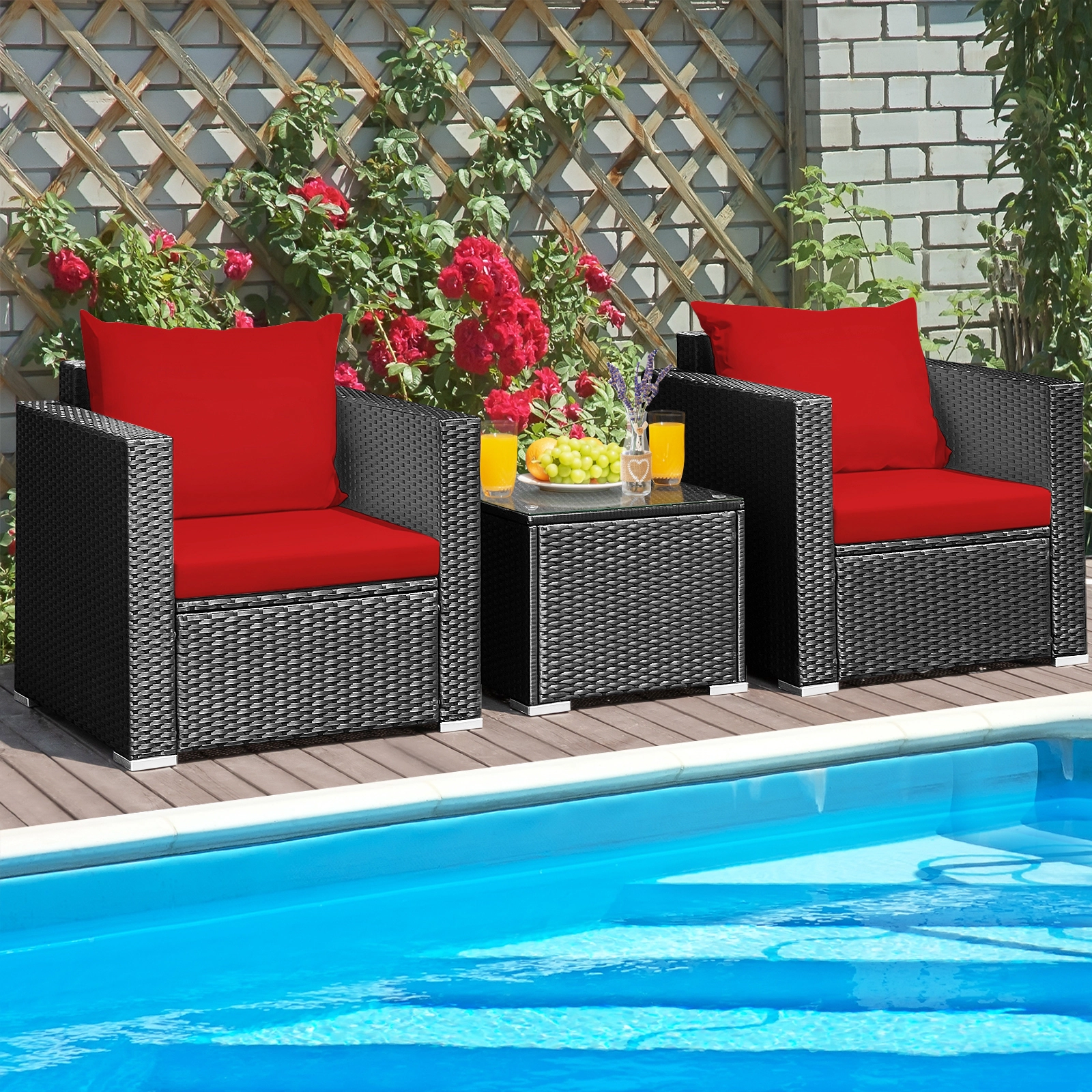 SUGIFT Patio Wicker Conversation Set with Cushions 400-lb Sofa Capacity Red Black Rattan
