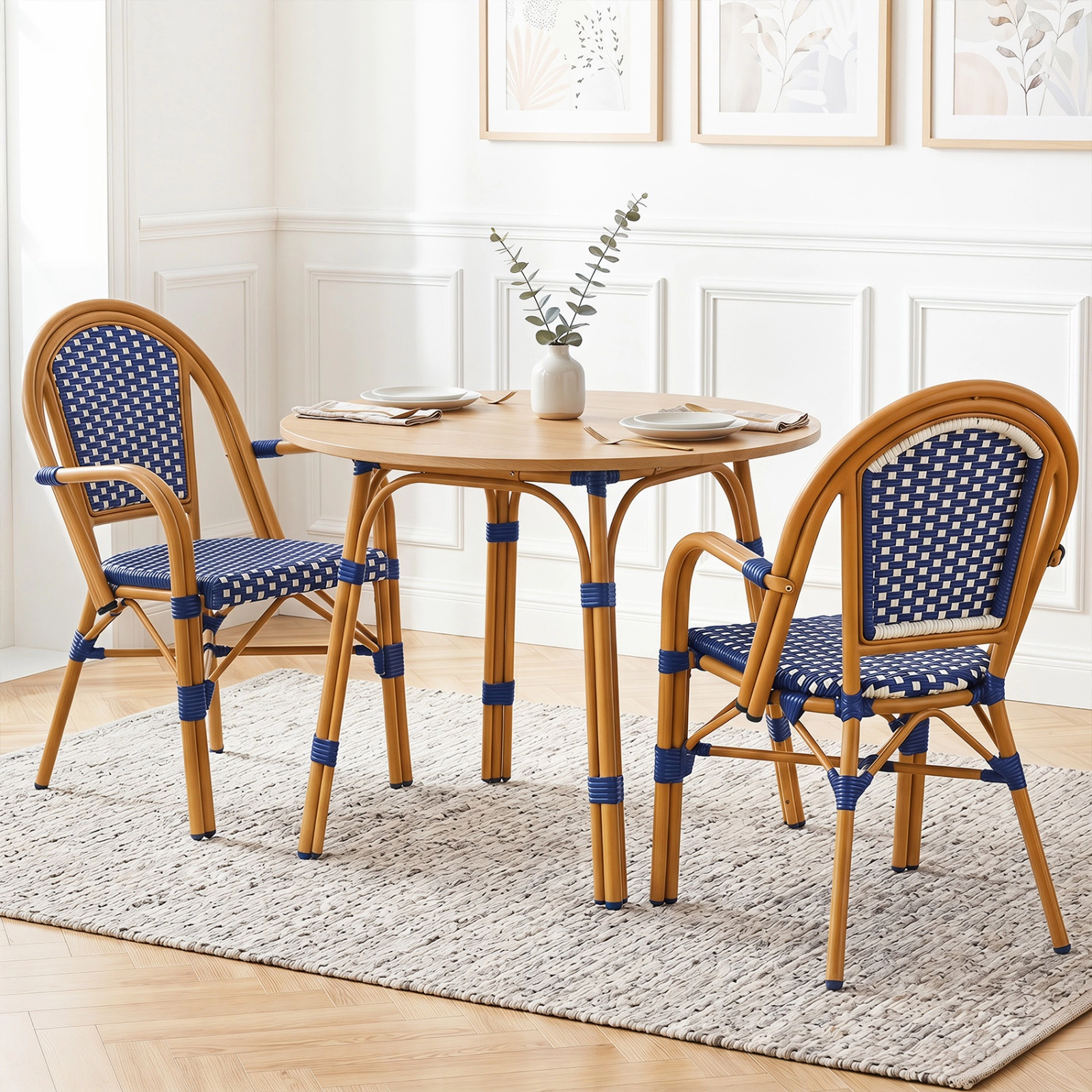 SUGIFT Set of 2 PE Wicker French Bistro Patio Chairs, Blue and White