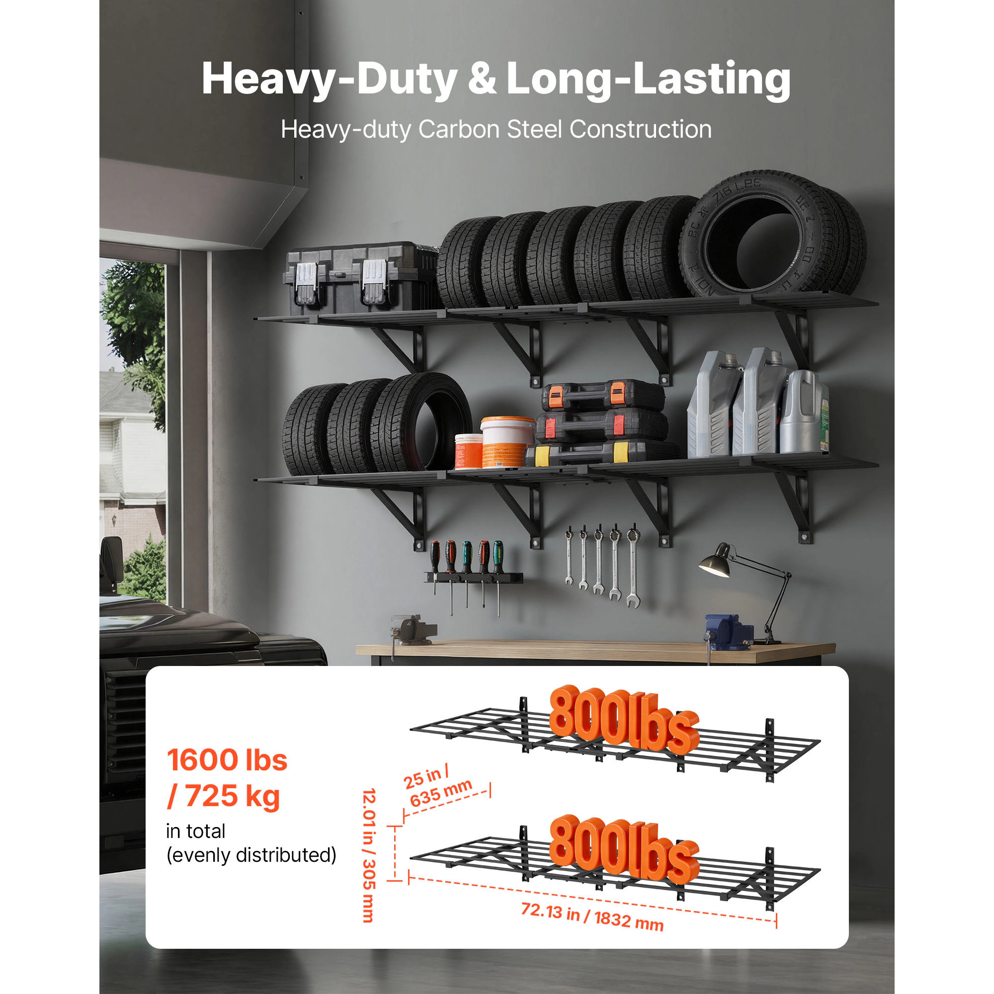 HONGGE Heavy Duty Wall Garage Shelving Steel Wall Mounted Shelving Unit Per Shelf Floating Storage Metal Rack for