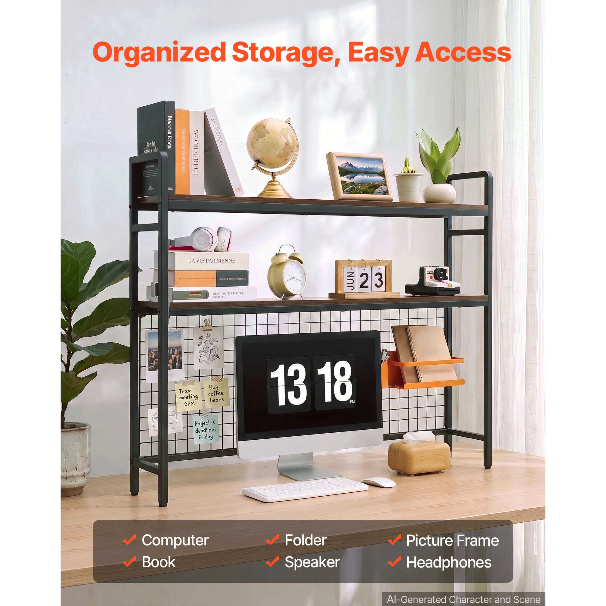 HONGGE Desktop Bookshelf Storage Hutch with for Desk Shelf Feet Pads Organizer Dorm Home