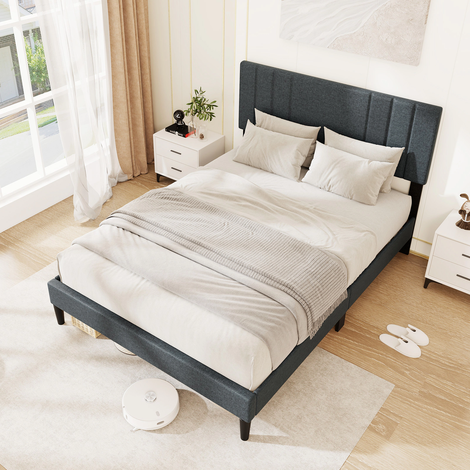 SUGIFT Gray Vertical Channel Tufted Headboard Upholstered Platform Bed