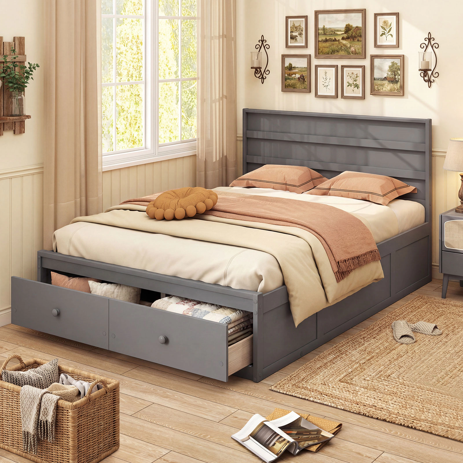 LJG Full Wooden Platform Bed Frame with Storage Drawers