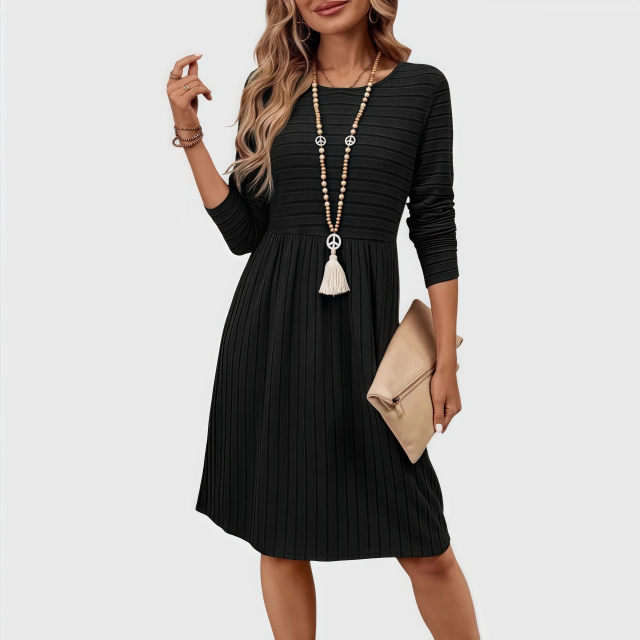 YesFashion Womens Long Sleeve Fall Dresses Ribbed Knit Casual Crew Neck Knee Length Sweater Dress