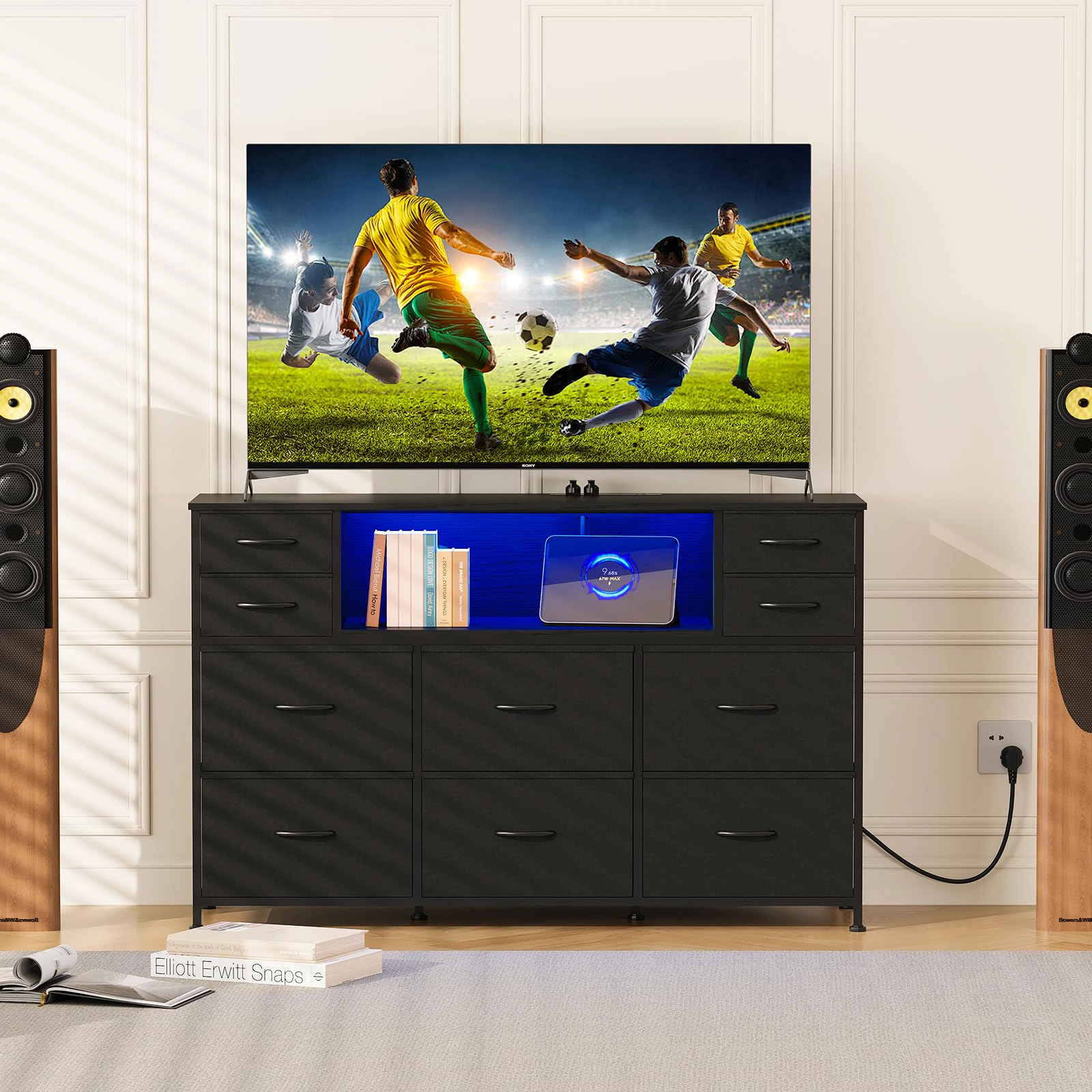 10 Drawer Fabric Dresser, TV Stand with RGB LED Lights & Power Outlet for 45"-55"