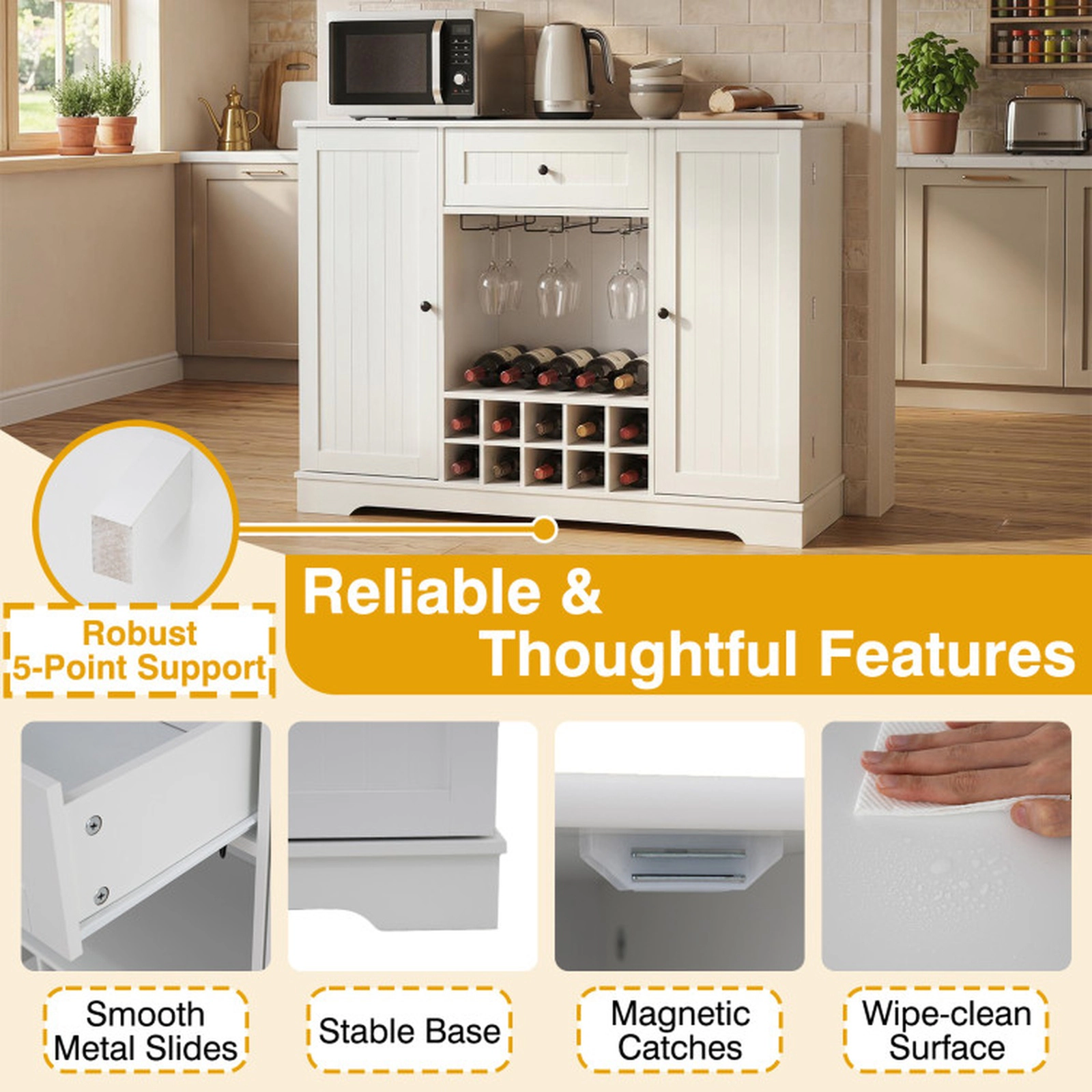 SUGIFT 47.5-in White Sideboard Cabinet with 10-Bottle Removable Wine Rack Glass Holder and Door Shelves