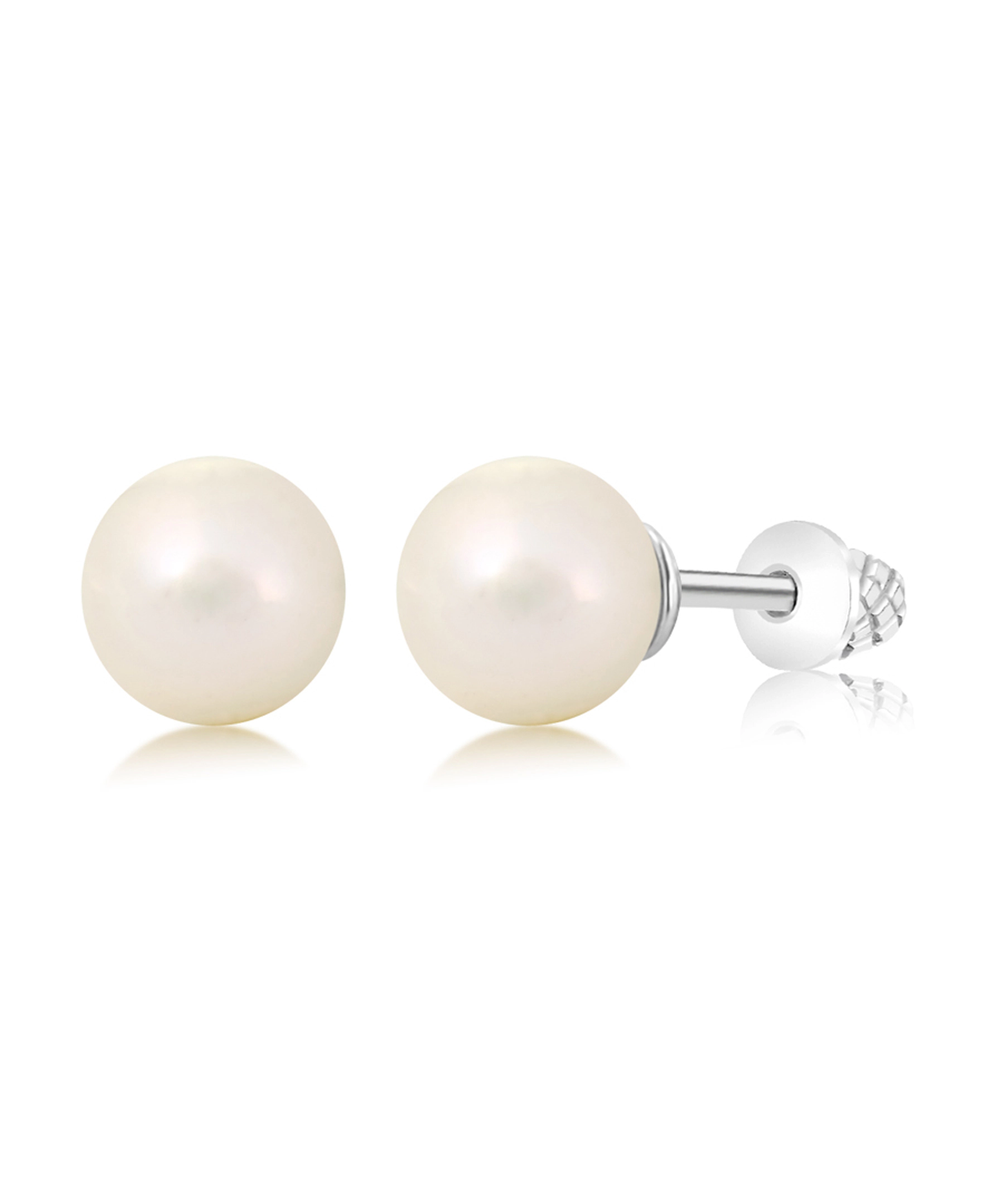 CHANTEUR Kids Pearl Stud Earrings - White Gold Palladium Plating, Surgical Steel Posts, Screw Back - Silver